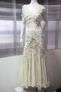 Antique White / Nude Lace Slip Dress with Pearls and Chiffon Mermaid Hem