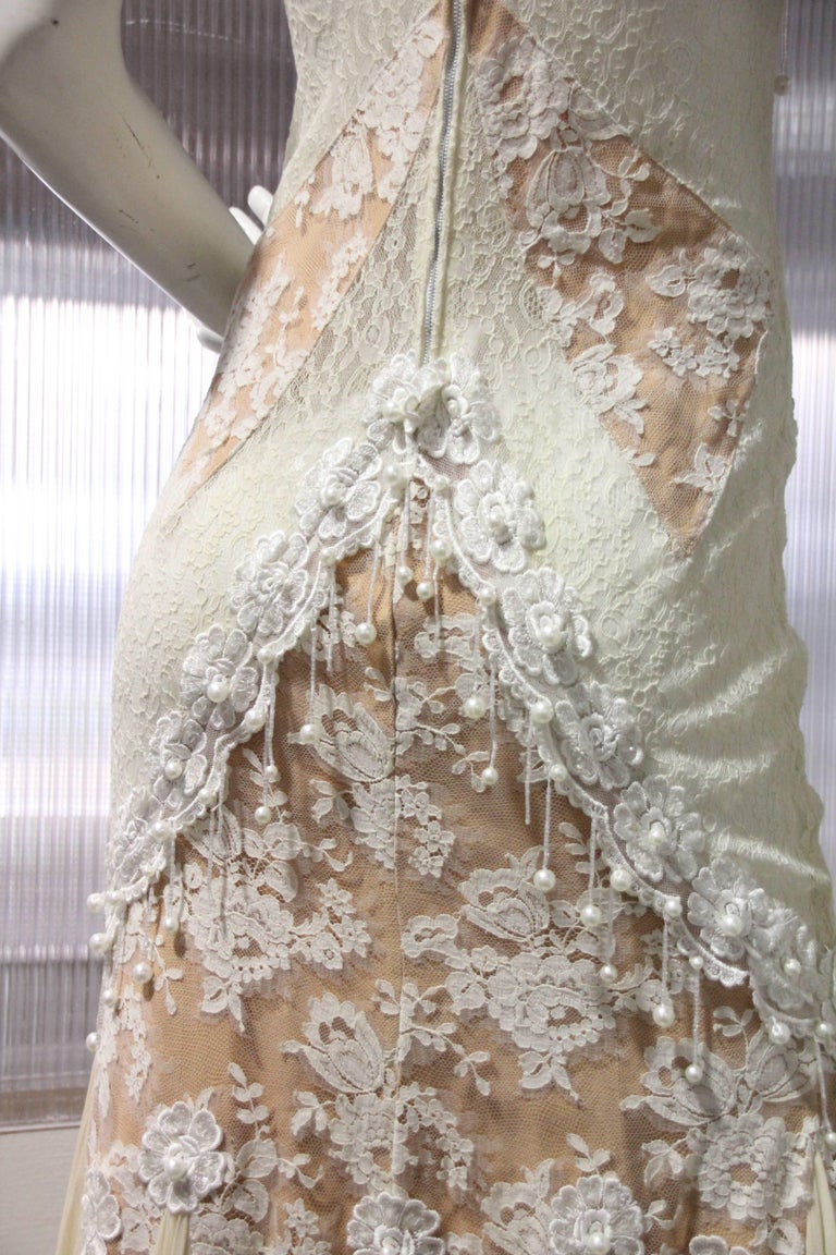 Antique White / Nude Lace Slip Dress with Pearls and Chiffon Mermaid