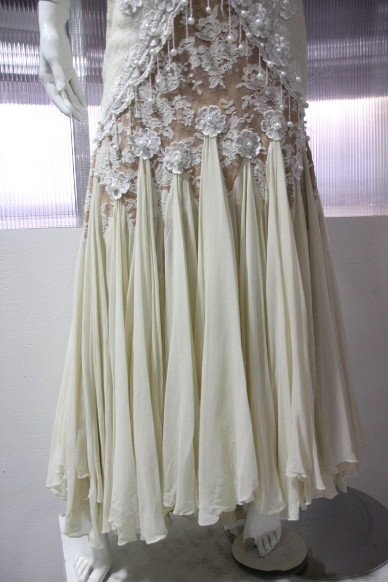 Antique White / Nude Lace Slip Dress with Pearls and Chiffon Mermaid