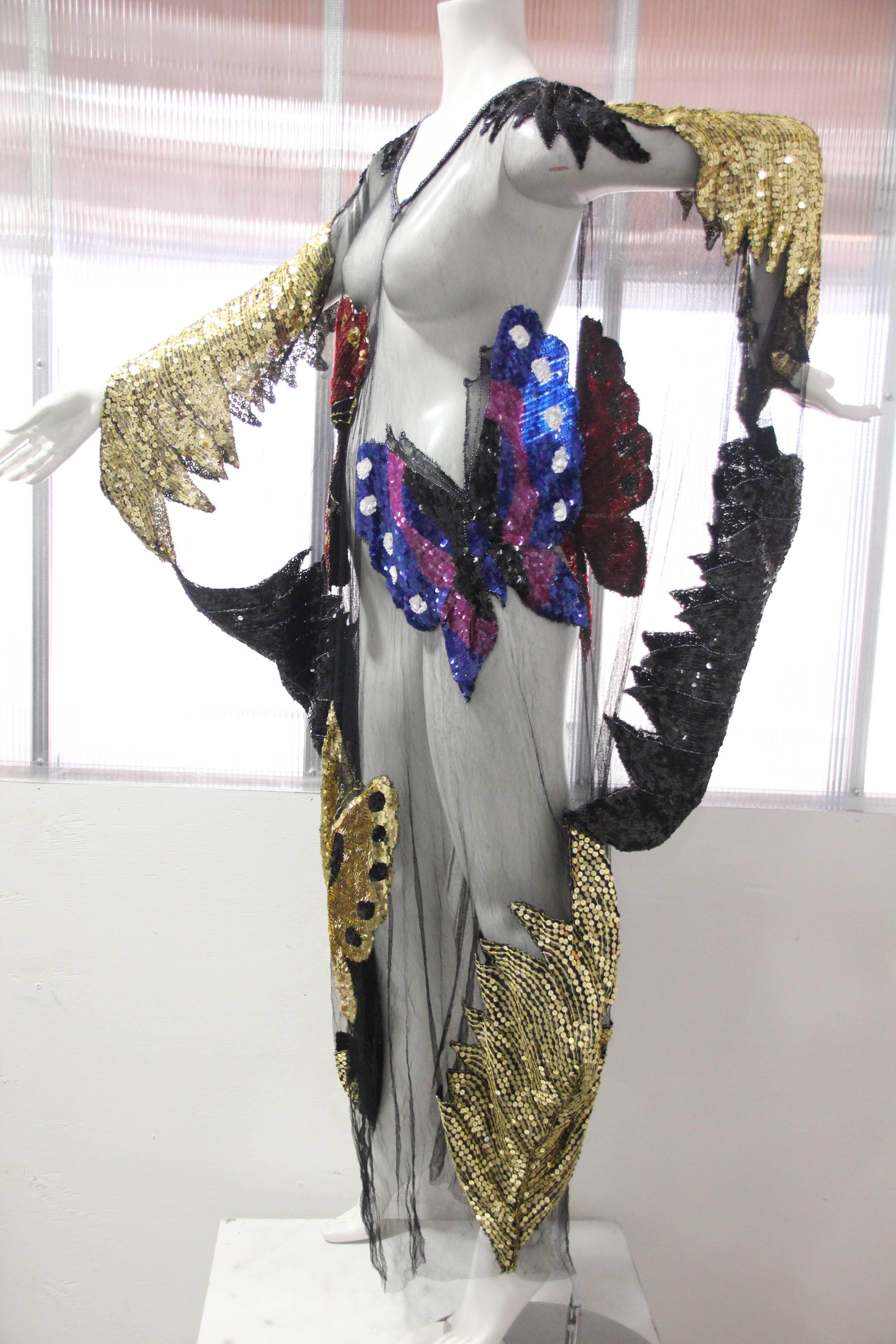 Custom-Made Sequin Butterfly Peek-A-Boo Caftan with 1970s Applique on Tulle  1