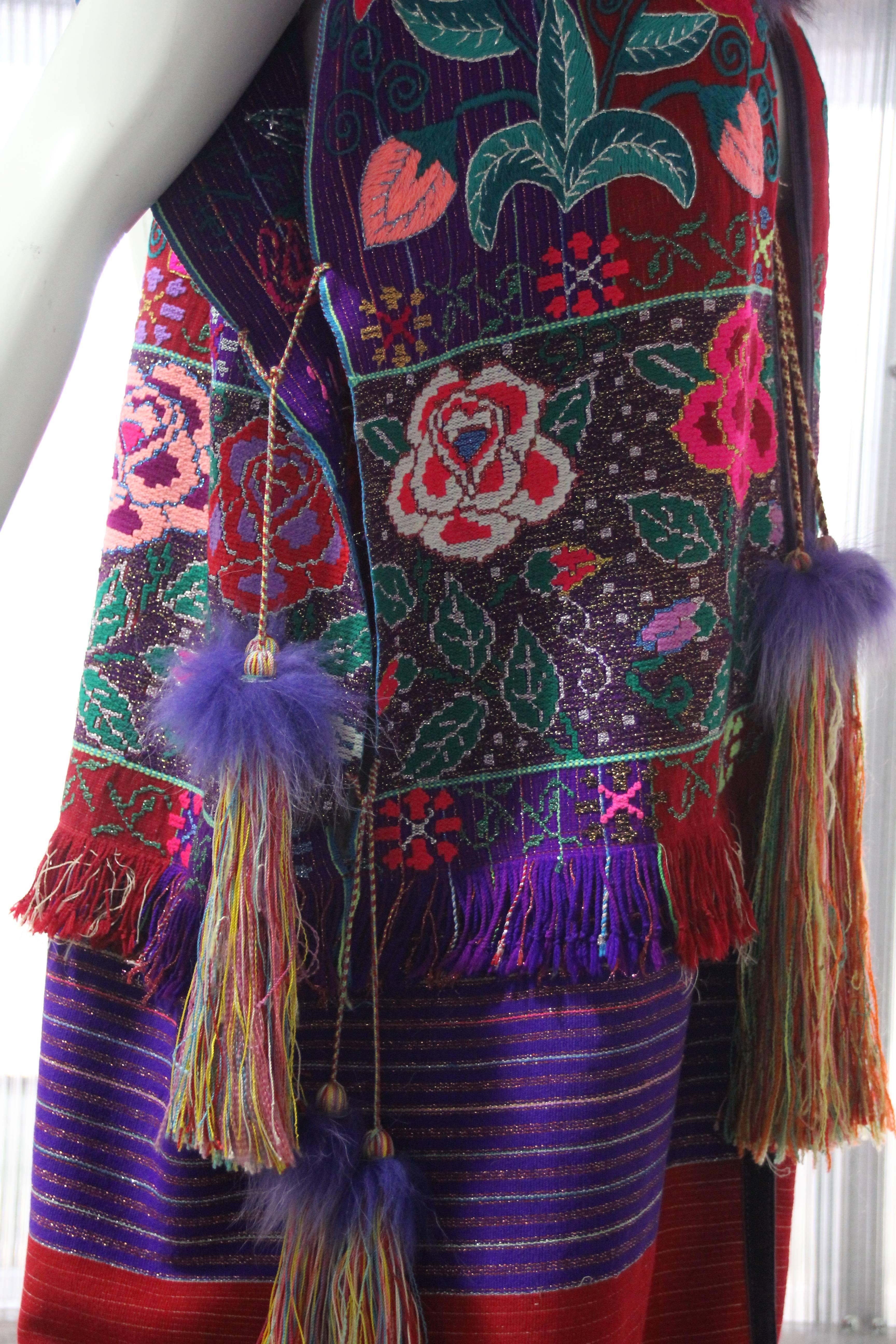 Women's Custom-Made Colorful Folkloric Vestment of Vintage Mexican Textiles and Fox Fur For Sale