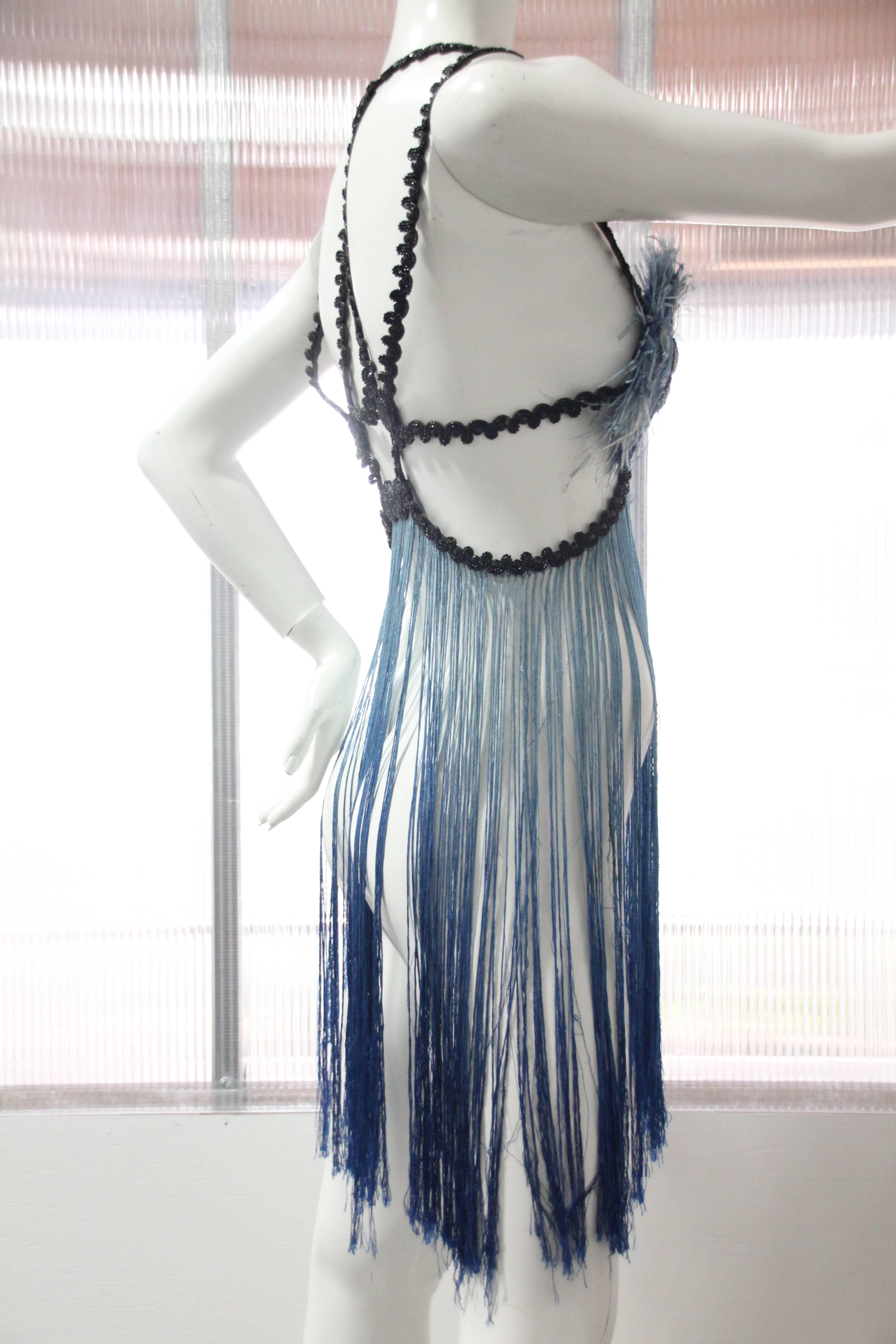 Gray Burlesque Style Beaded Feathered Blue Bralette with Long Ombre Fringe and Beads