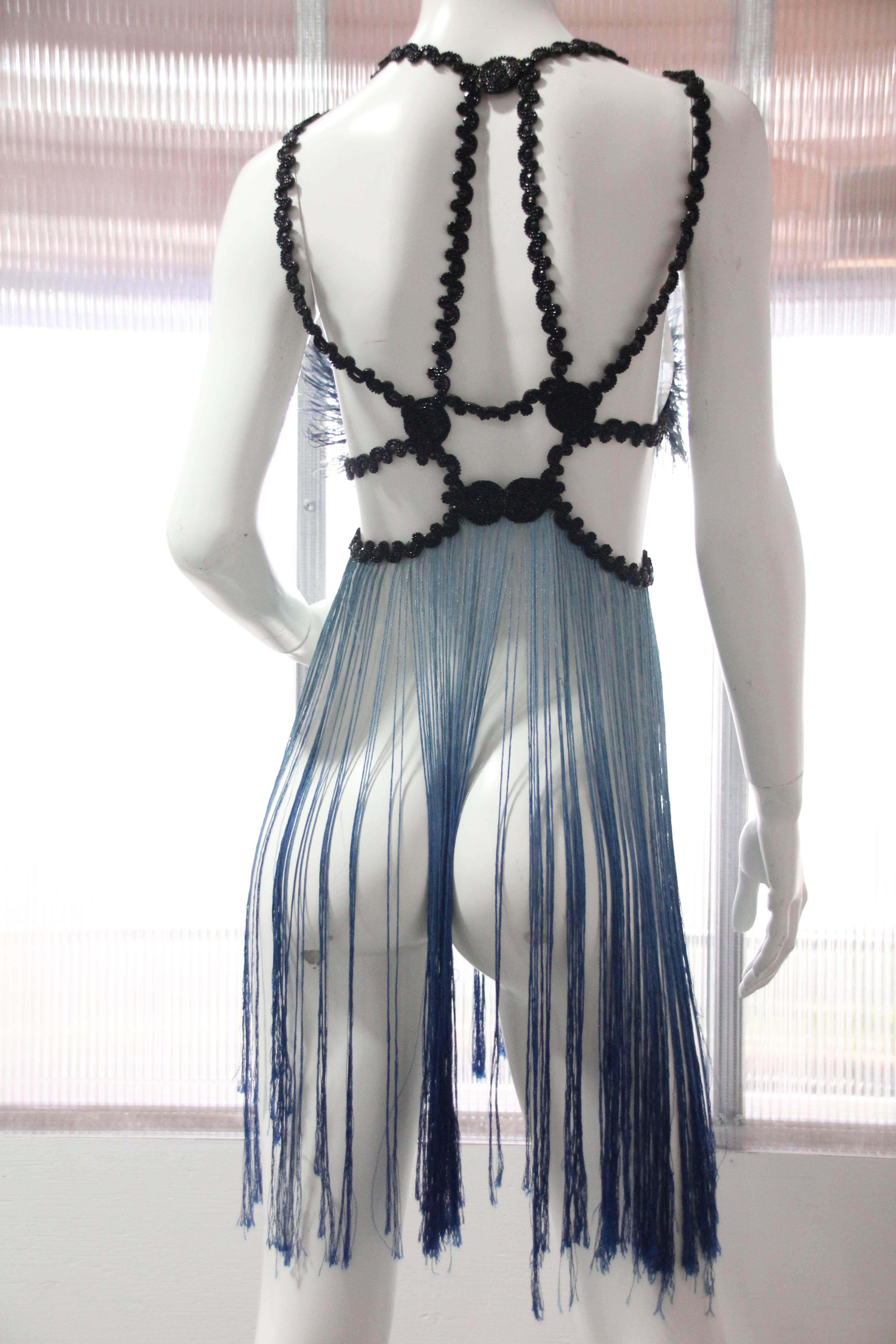 Burlesque Style Beaded Feathered Blue Bralette with Long Ombre Fringe and Beads In Excellent Condition In Gresham, OR