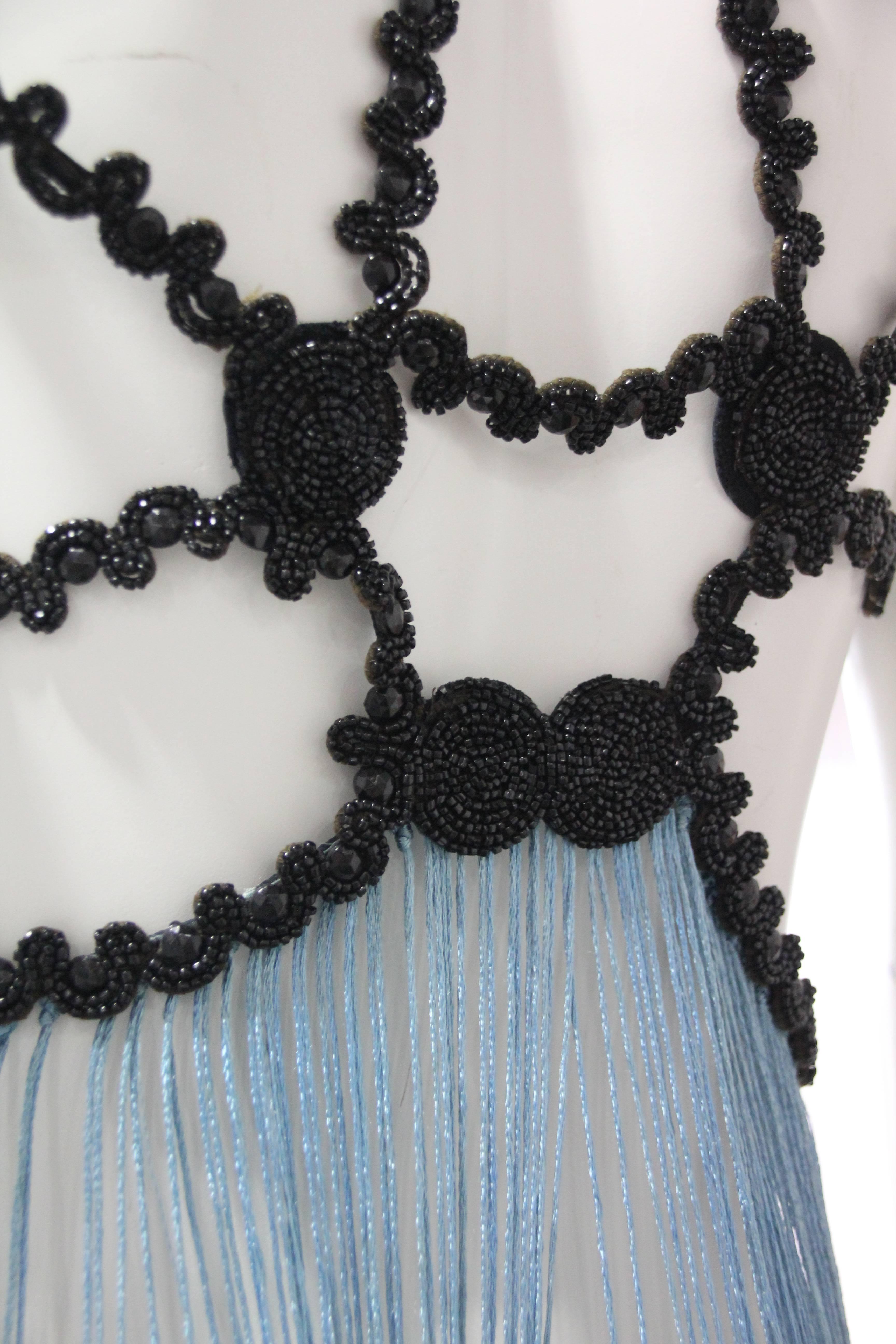 Women's Burlesque Style Beaded Feathered Blue Bralette with Long Ombre Fringe and Beads