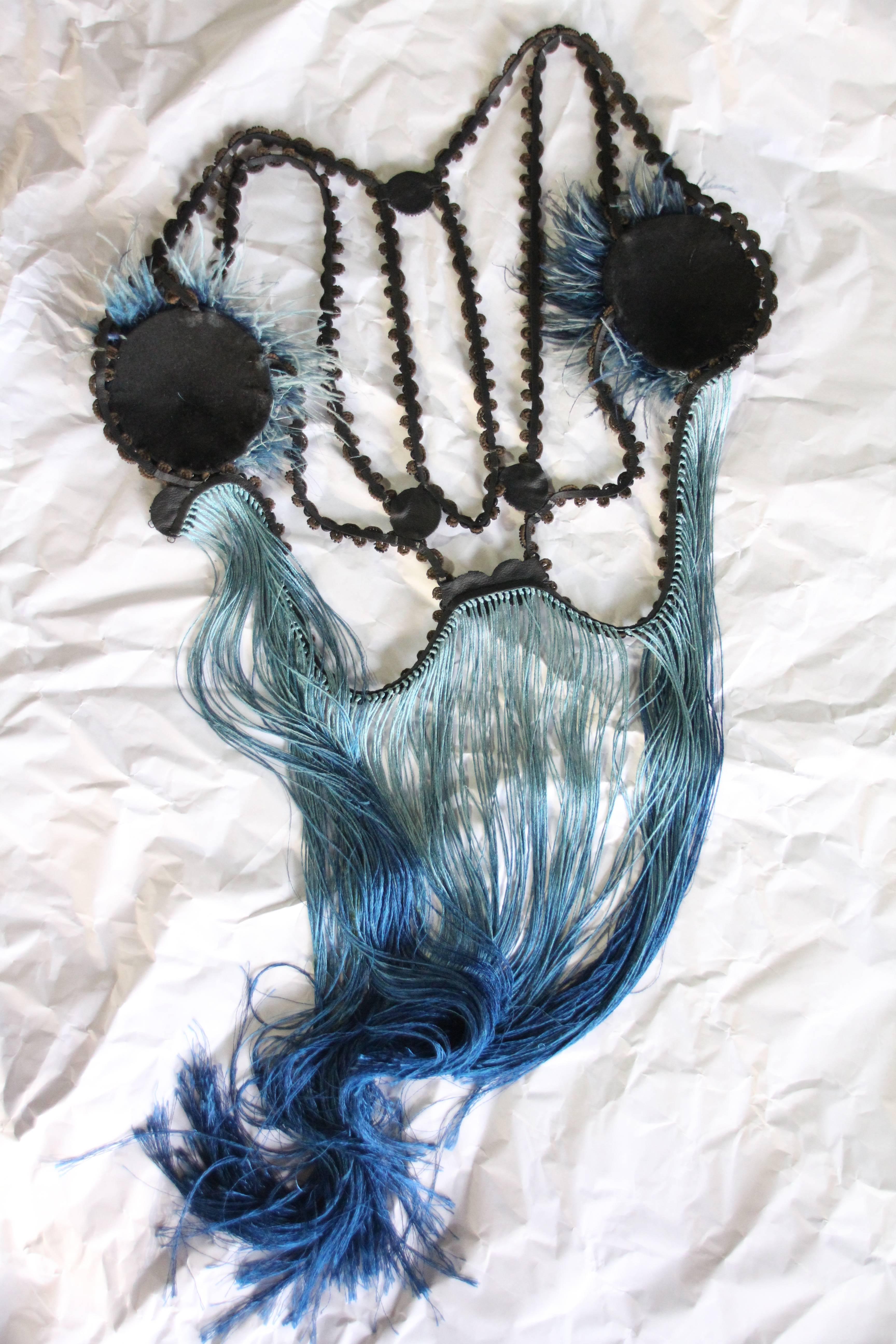 Burlesque Style Beaded Feathered Blue Bralette with Long Ombre Fringe and Beads 3