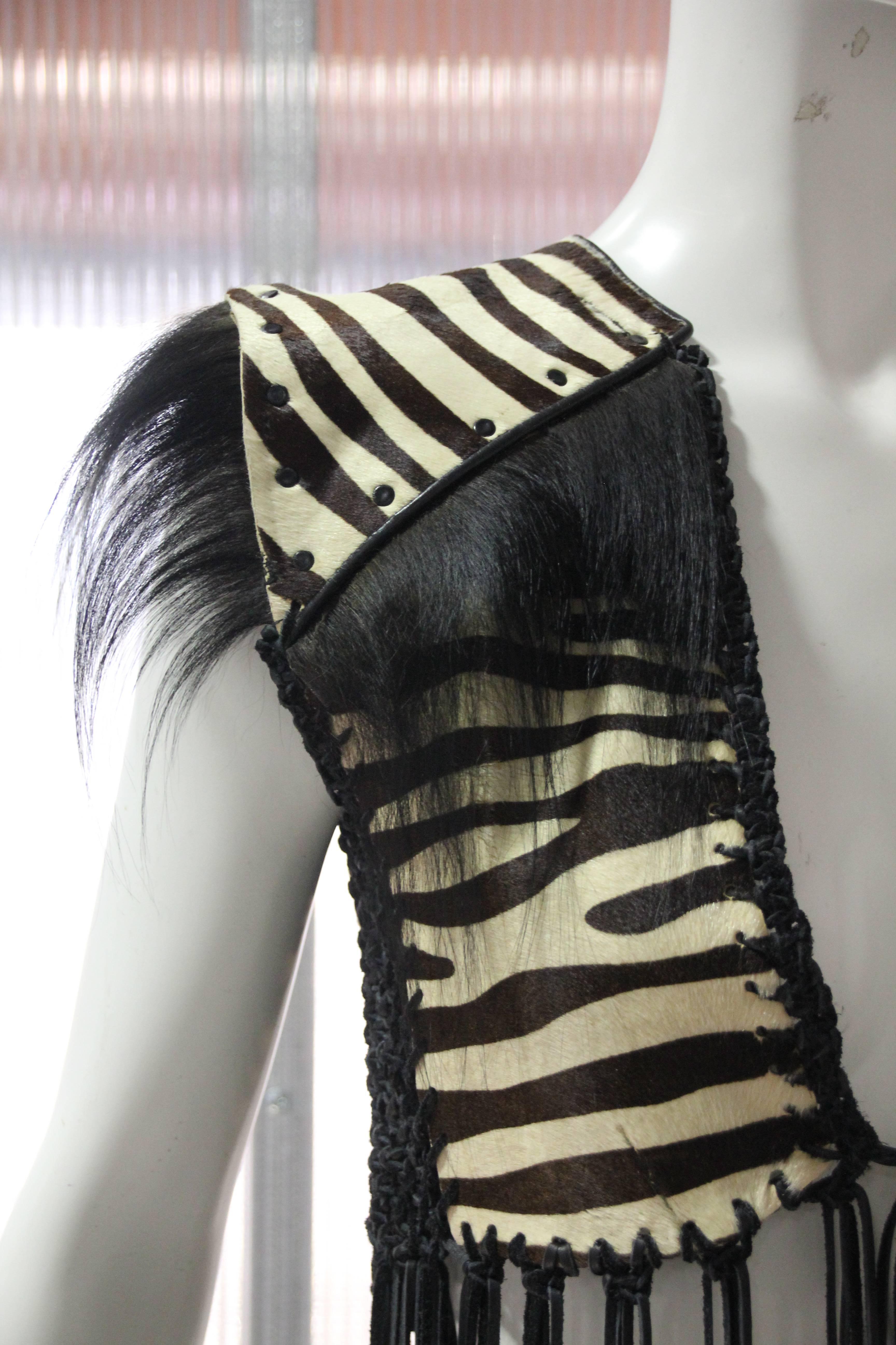 1970s Style Zebra Stenciled Calf Skin Vest w Leather Cord Fringe  In Excellent Condition In Gresham, OR