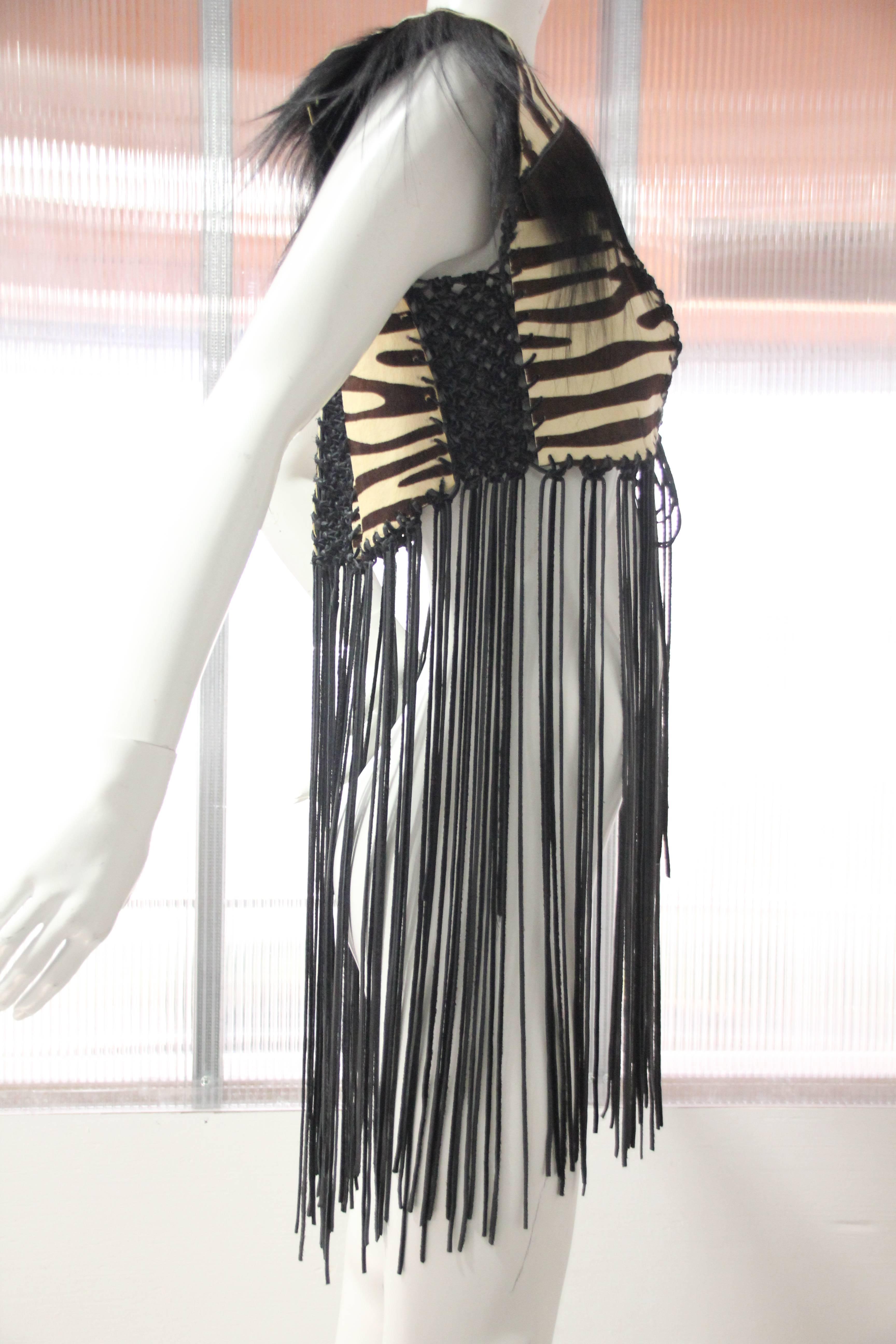 Women's 1970s Style Zebra Stenciled Calf Skin Vest w Leather Cord Fringe 