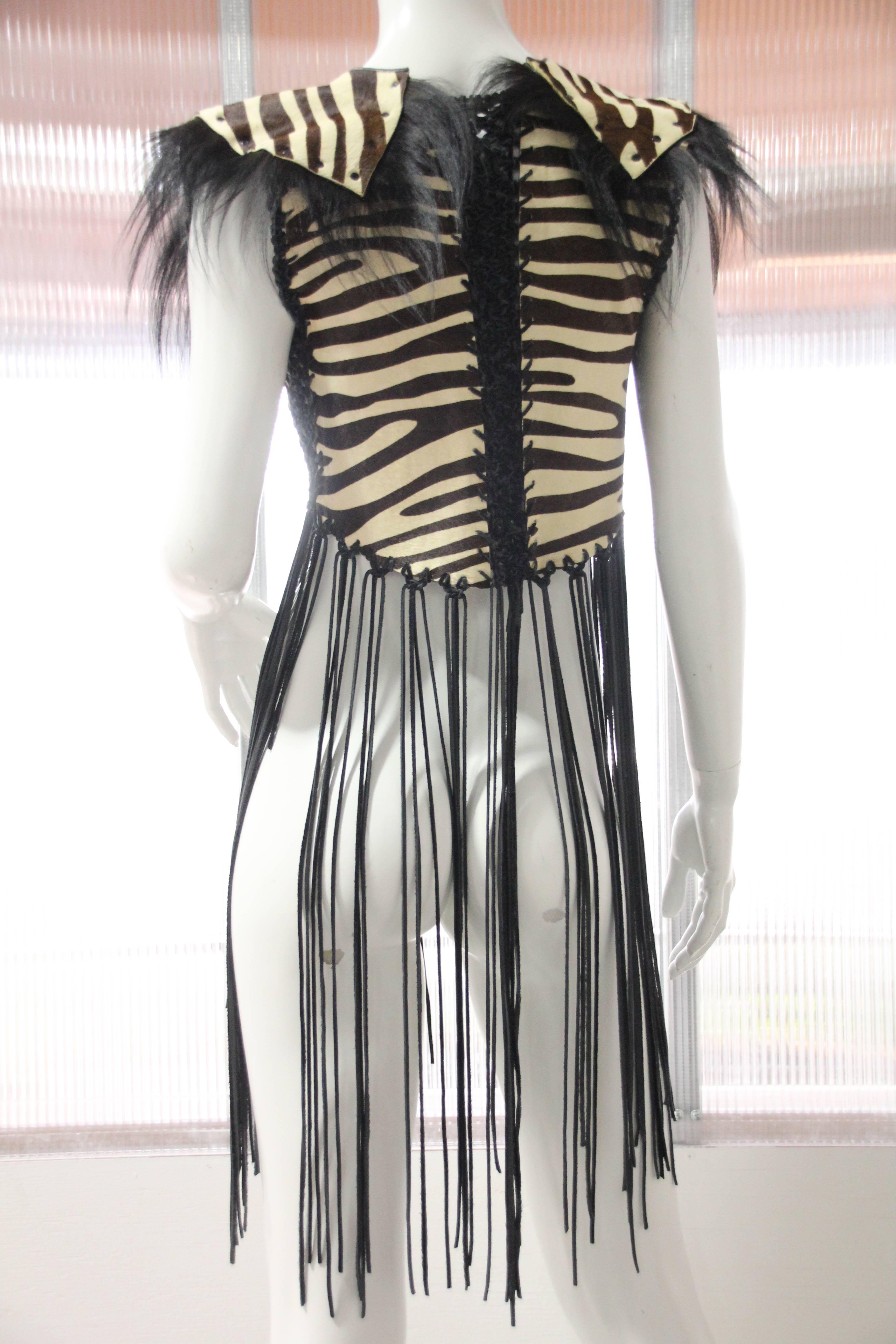 1970s Style Zebra Stenciled Calf Skin Vest w Leather Cord Fringe  1
