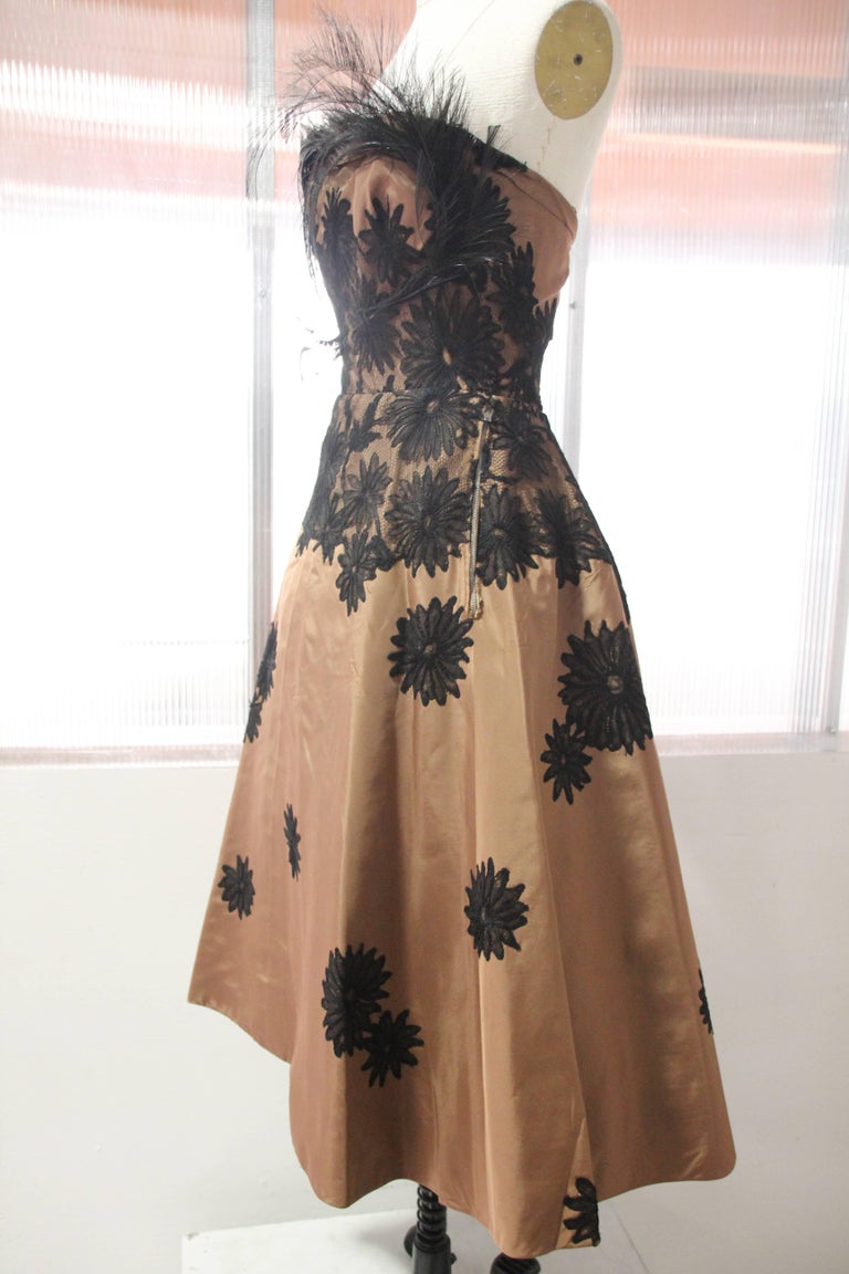 1950s Bergdorf Goodman Cocoa Silk Cocktail Dress w Lace Applique and  Feathers