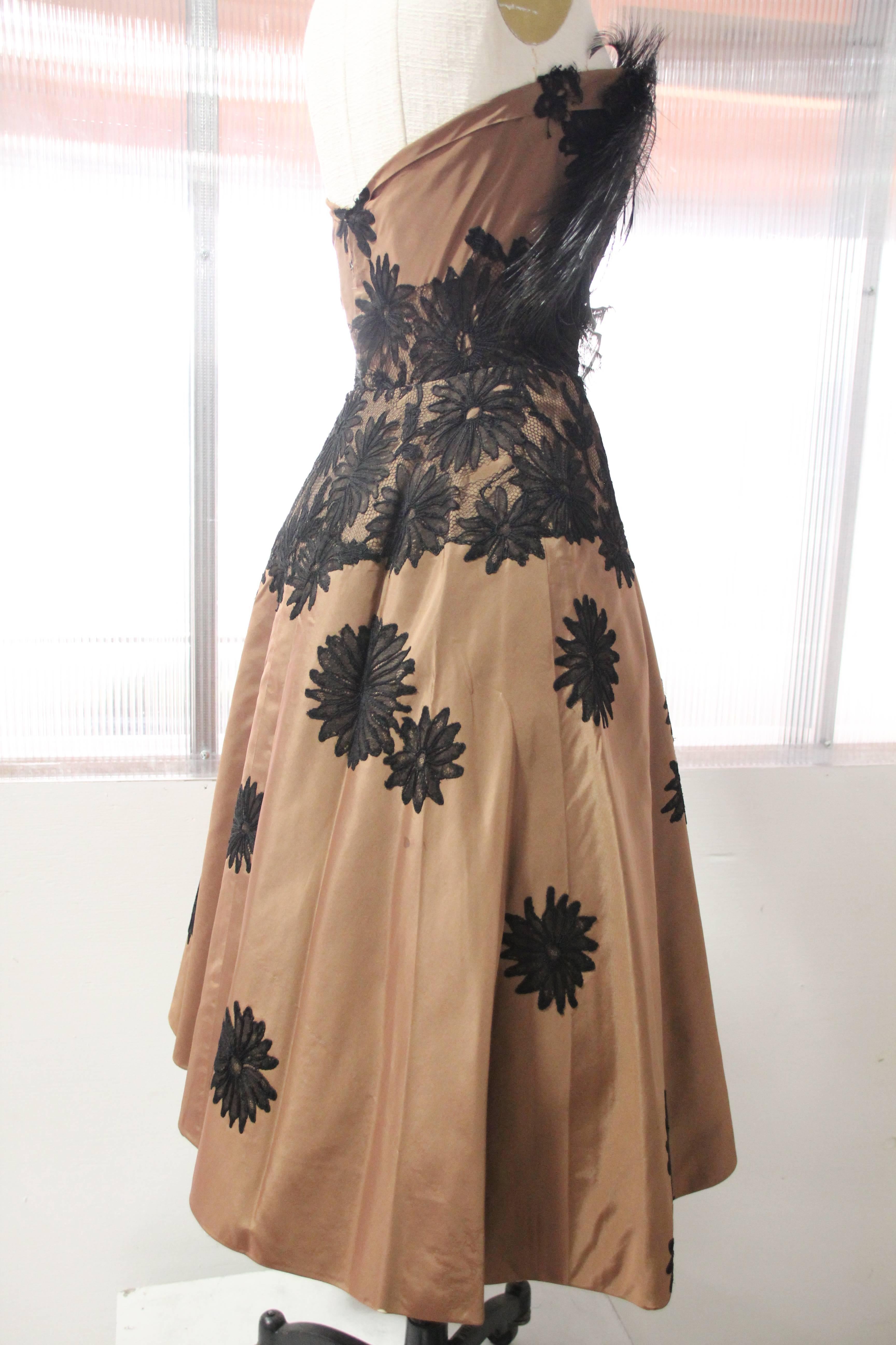 Brown 1950s Bergdorf Goodman Cocoa Silk Cocktail Dress w Lace Applique and Feathers For Sale