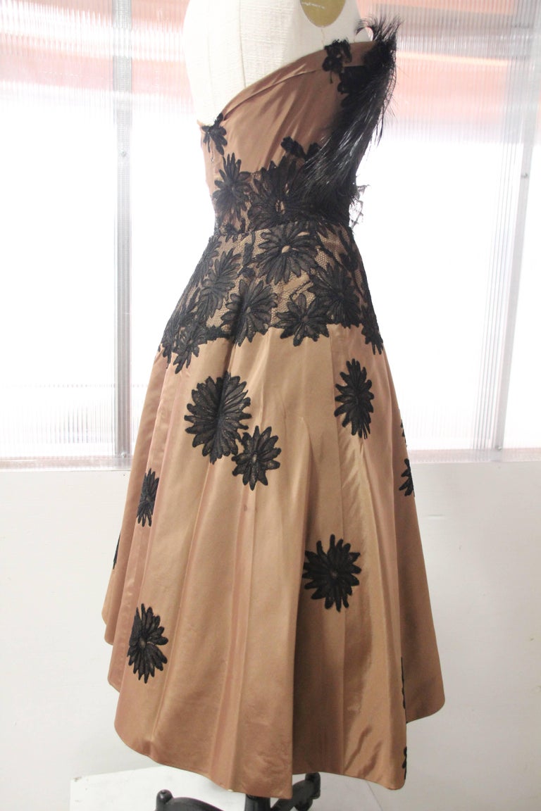 1950s Bergdorf Goodman Cocoa Silk Cocktail Dress w Lace Applique and
