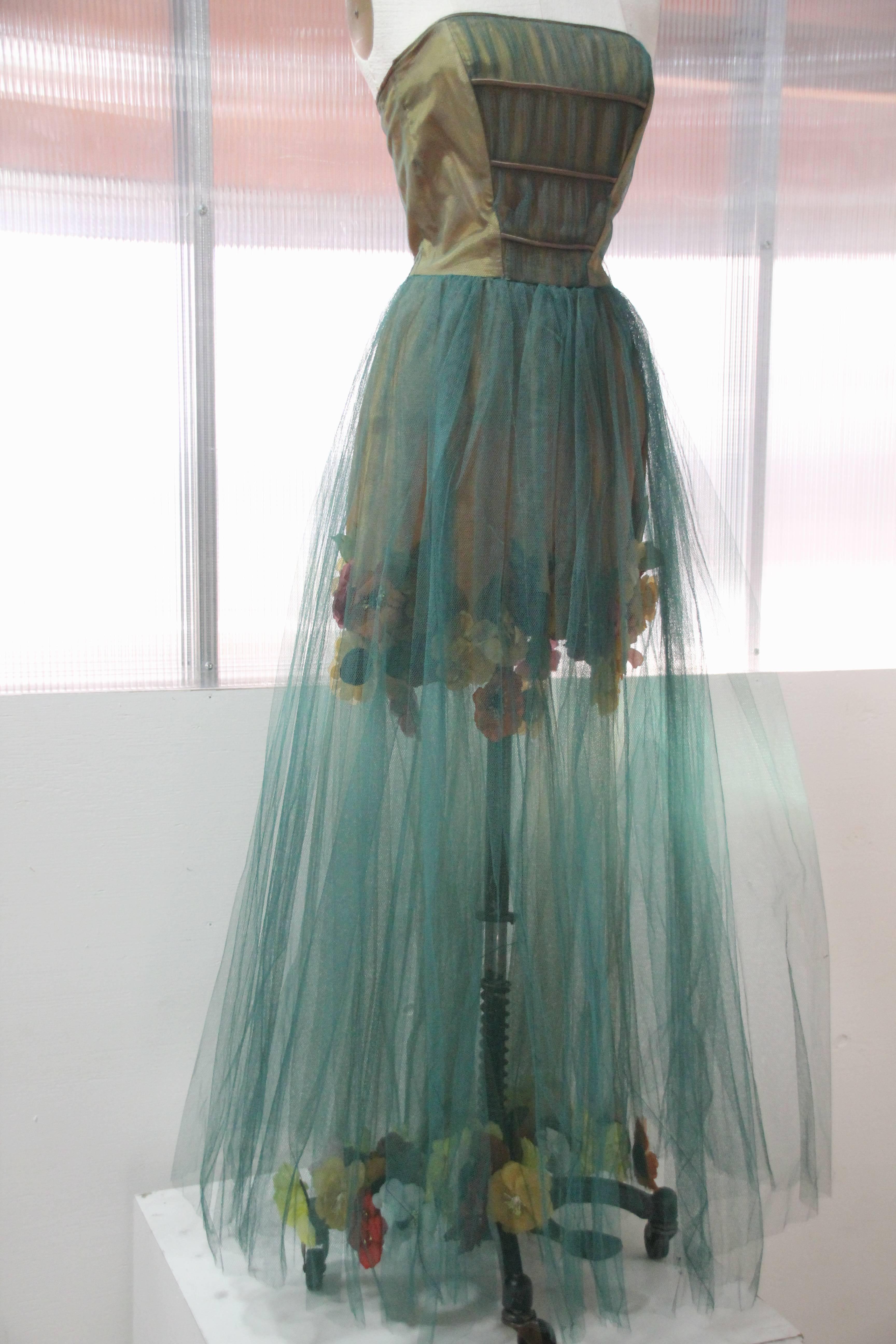 Women's 1950s Moss Green Tulle Gown Ensemble w Multi-Color Silk Flower Applique