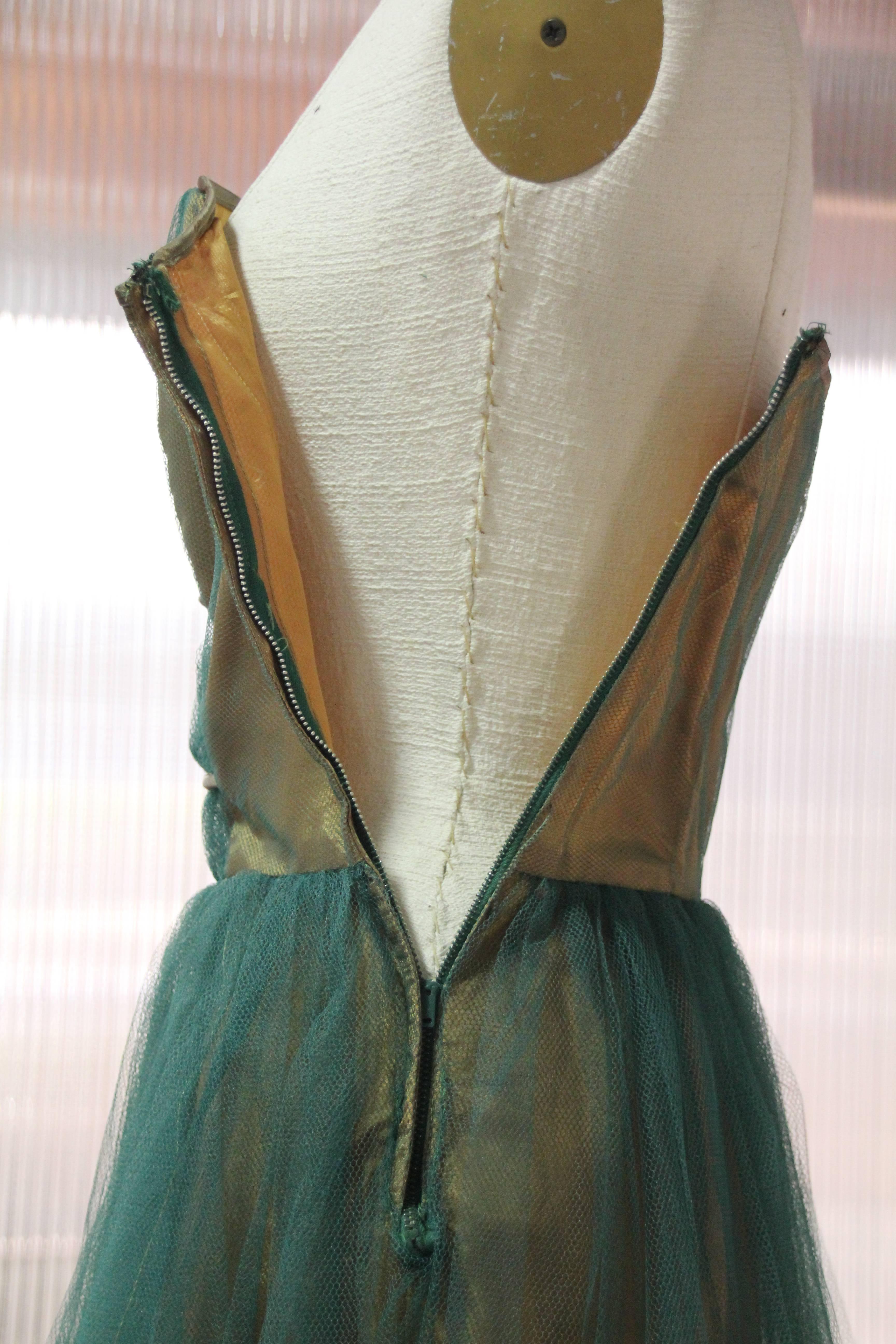 1950s Moss Green Tulle Gown Ensemble w Multi-Color Silk Flower Applique 1