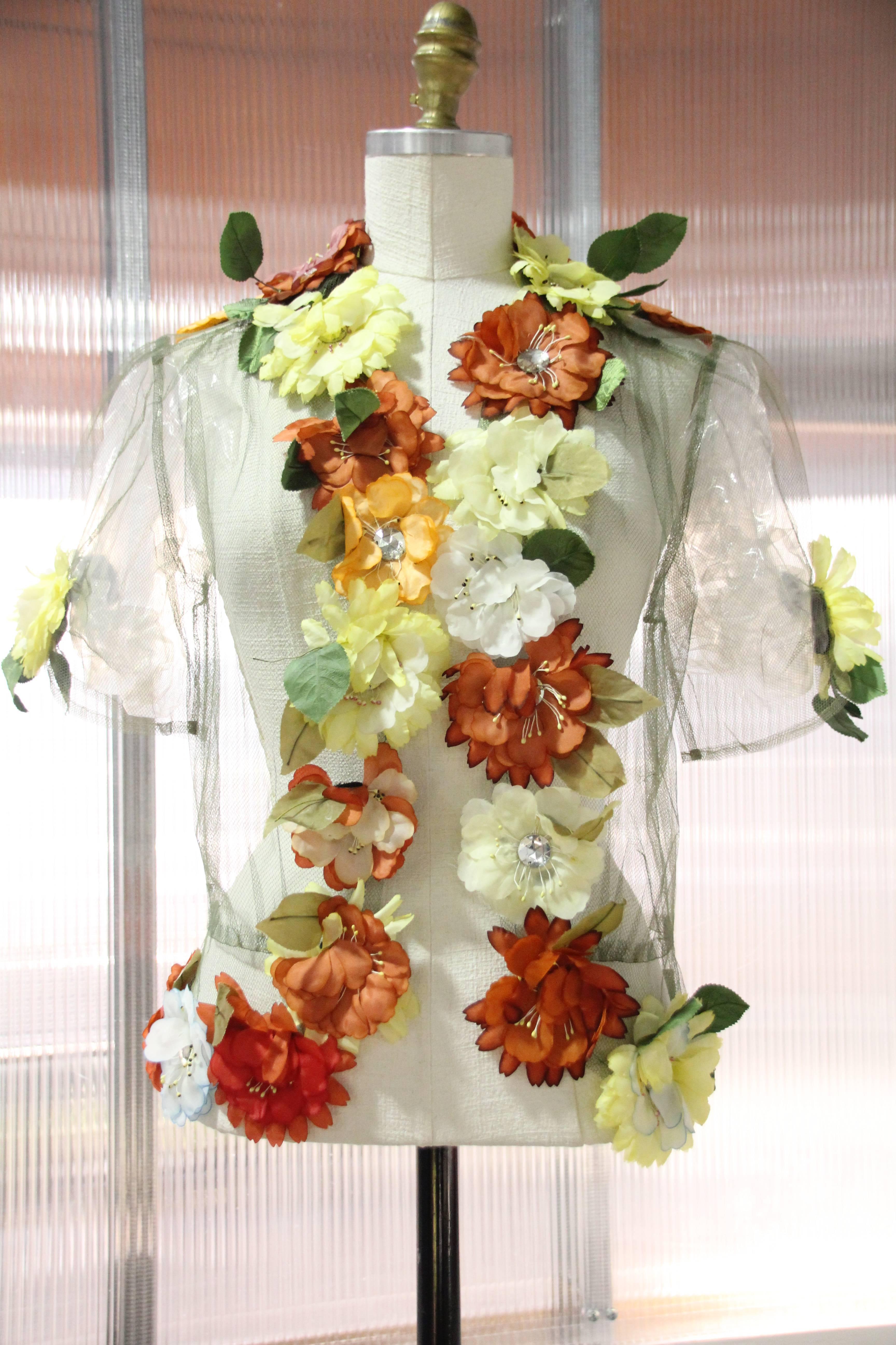 1950s Moss Green Tulle Gown Ensemble w Multi-Color Silk Flower Applique 2