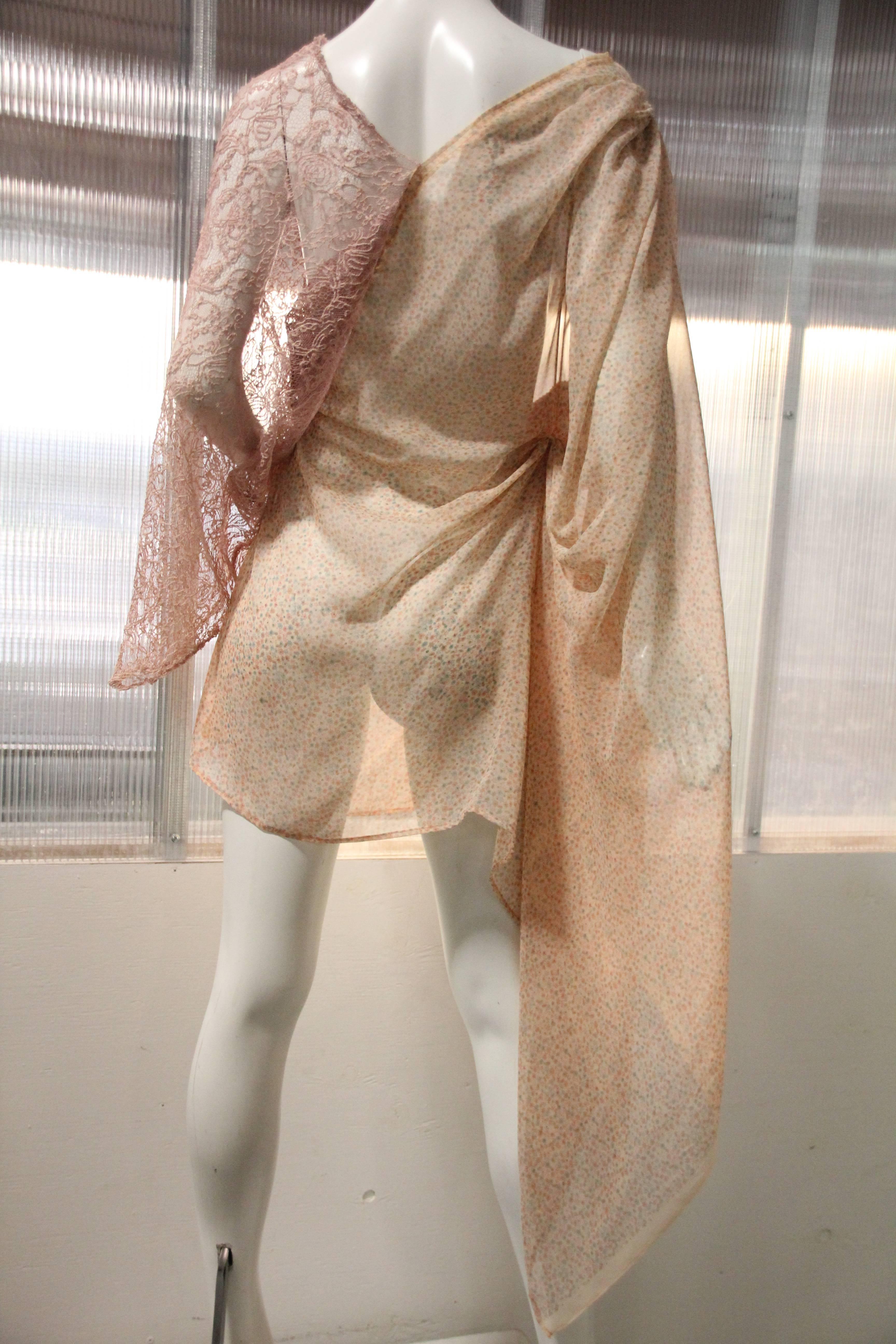 Women's Custom-Made Floral-Print Chiffon and Lace Asymmetrical Tunic w 1920s Applique