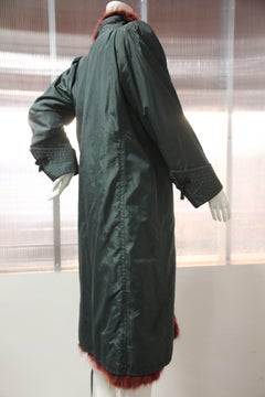 1970s Emanuel Ungaro Forest Green Silk Duster Coat w Red Feathered Fox Lining