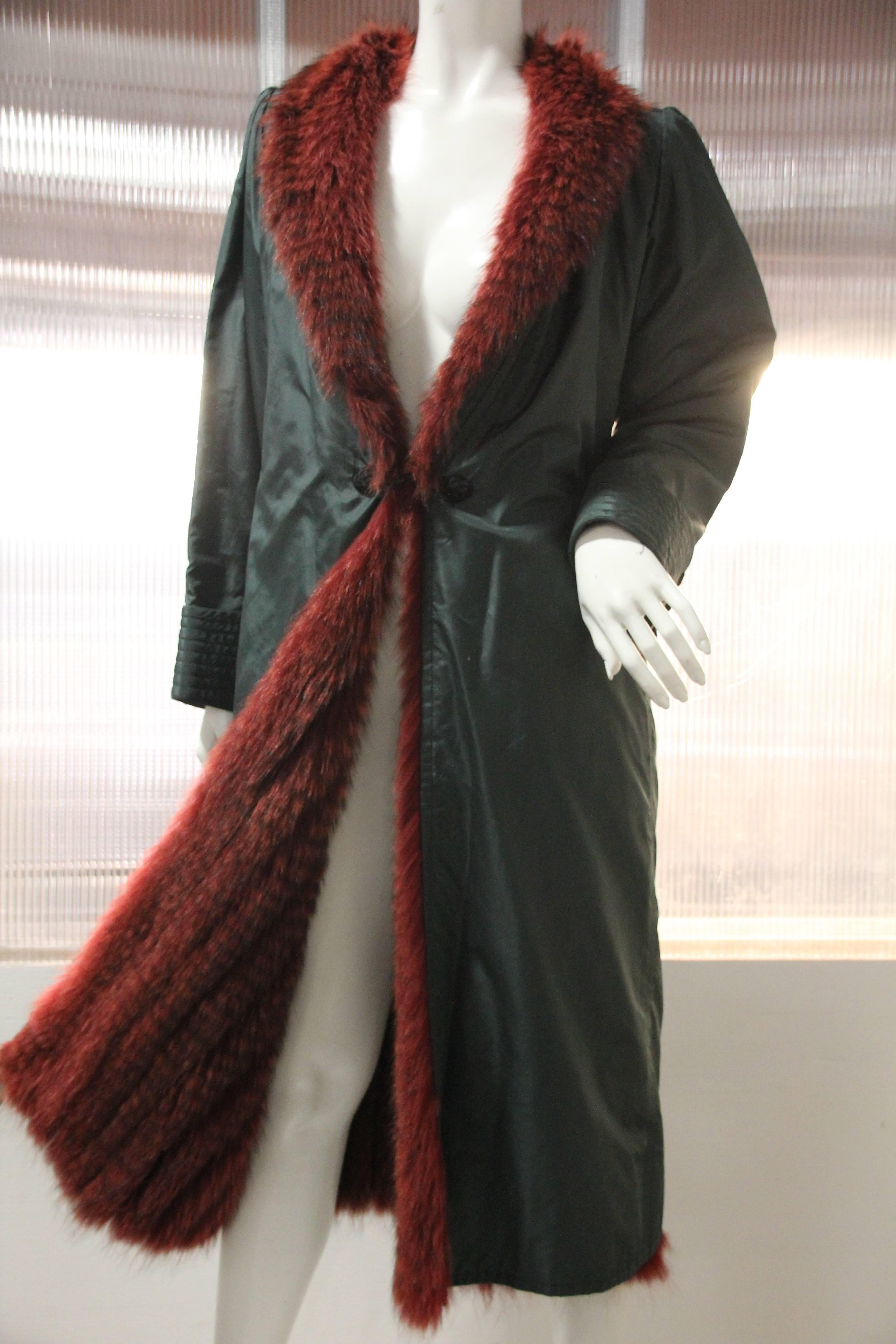 Black 1970s Emanuel Ungaro Forest Green Silk Duster Coat w Red Feathered Fox Lining For Sale