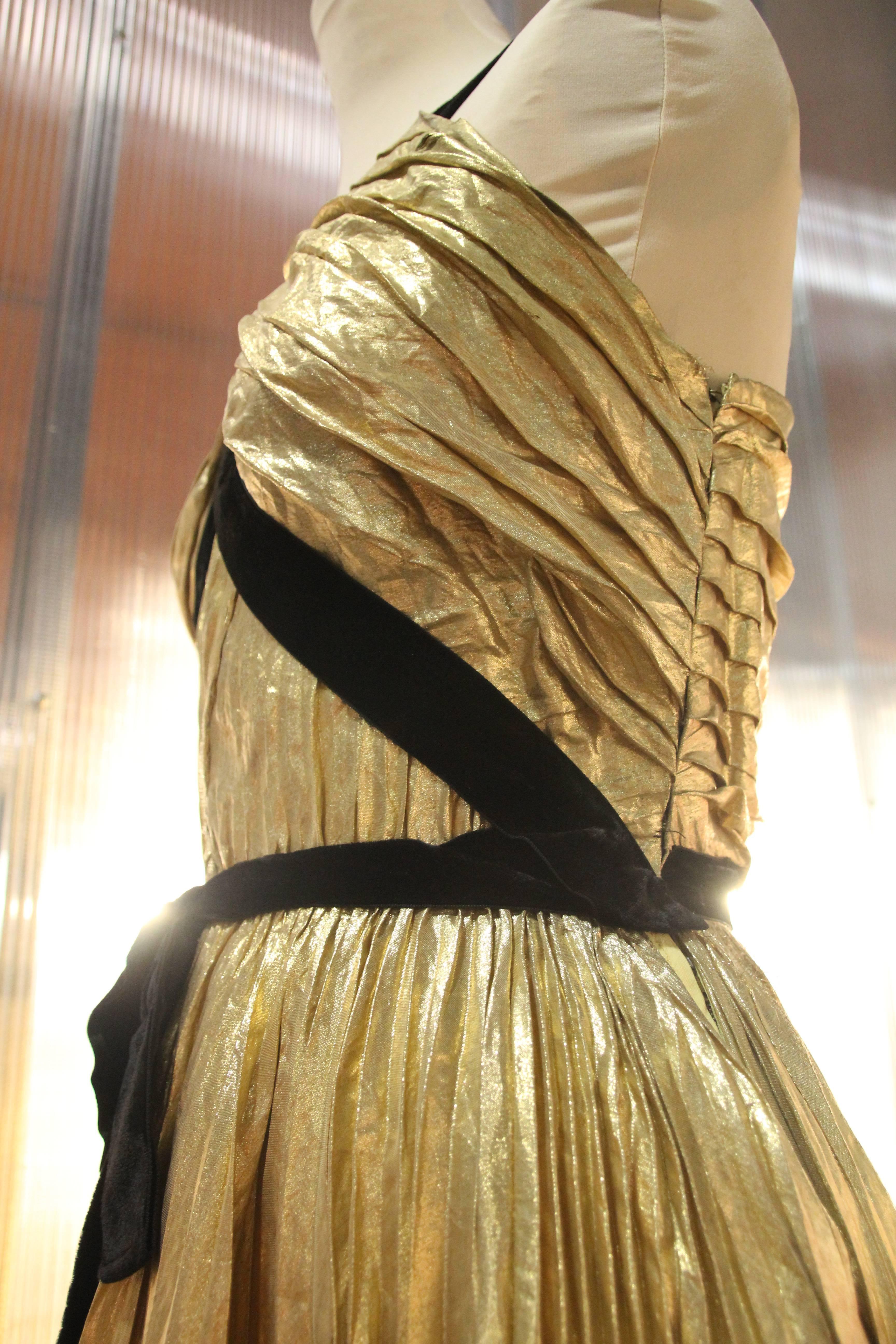 Brown 1940s Max - Madrid Sunburst Pleated Gold Foil Goddess Gown w Velvet Straps