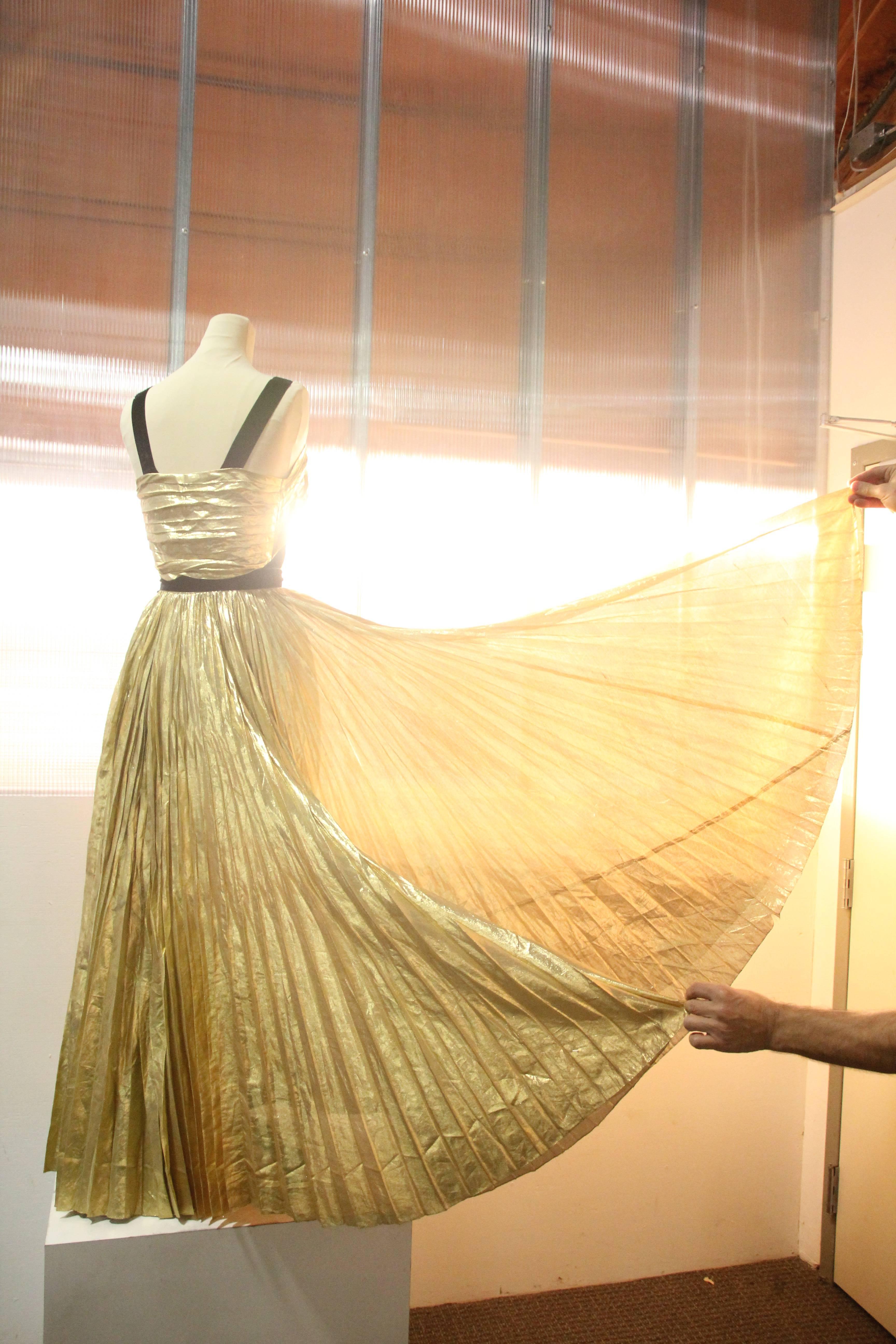 Women's 1940s Max - Madrid Sunburst Pleated Gold Foil Goddess Gown w Velvet Straps