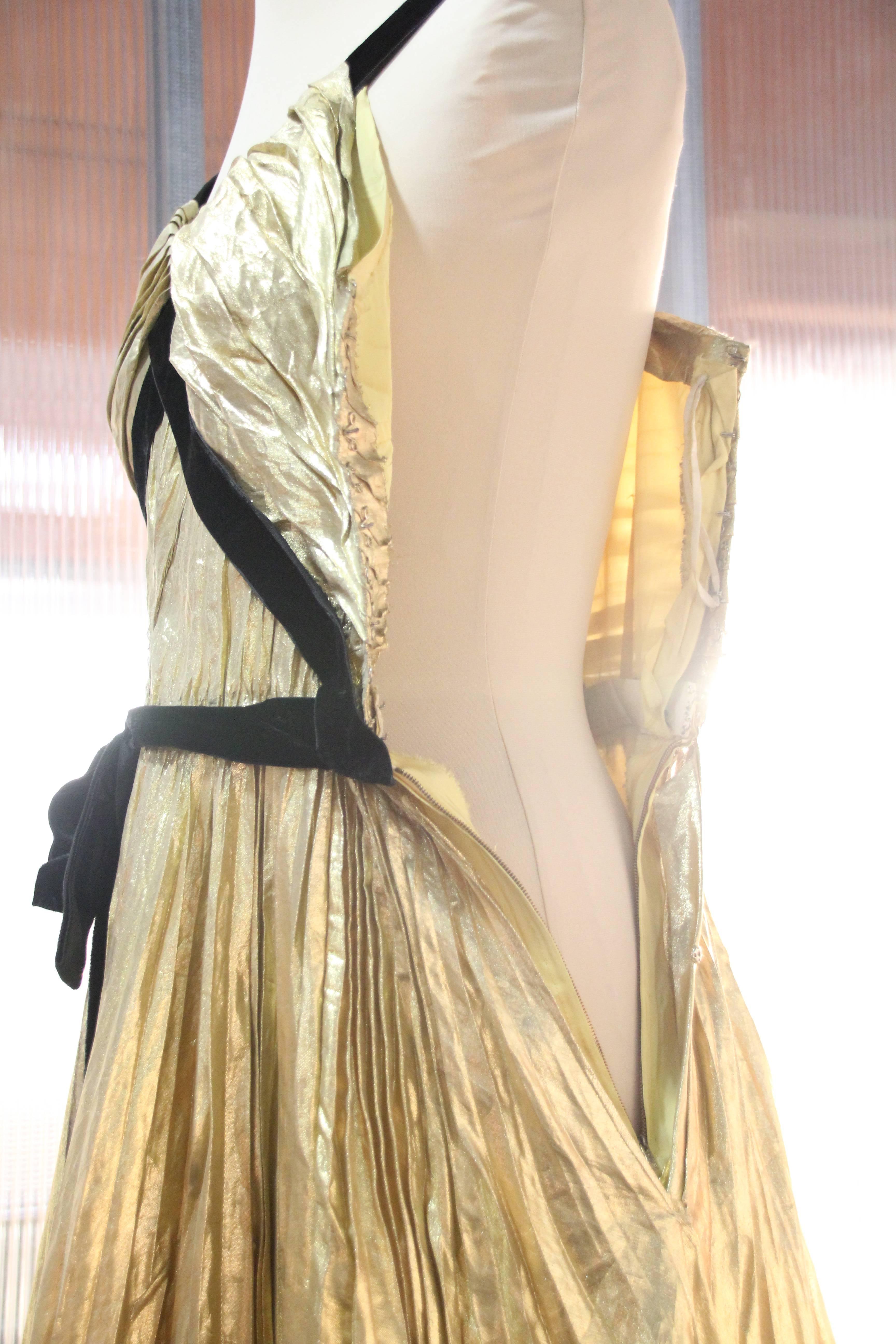 1940s Max - Madrid Sunburst Pleated Gold Foil Goddess Gown w Velvet Straps 2