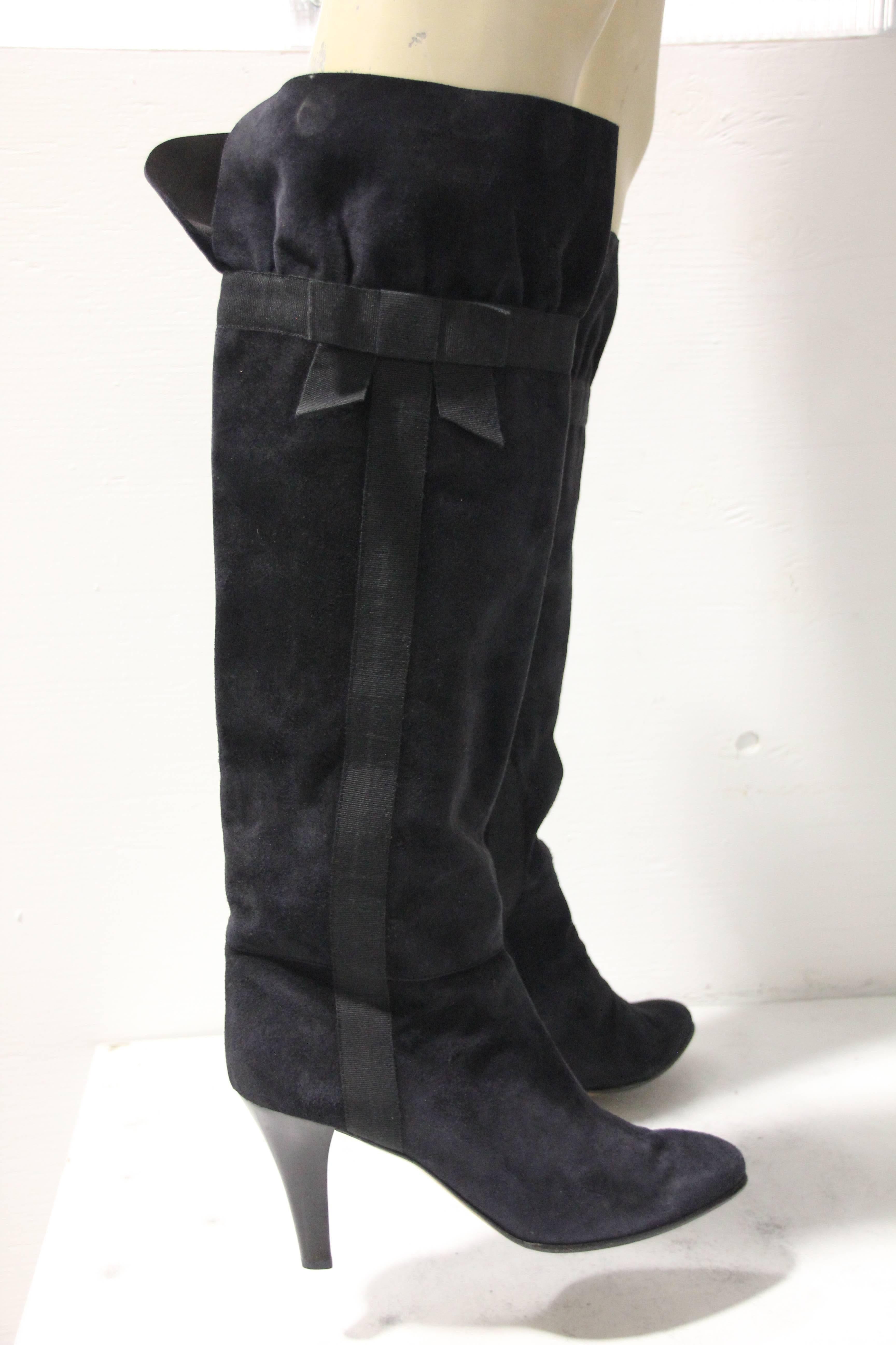 1970's Yves Saint Laurent Black Suede Boots W/ Bow Ribbon Details In Excellent Condition In Gresham, OR