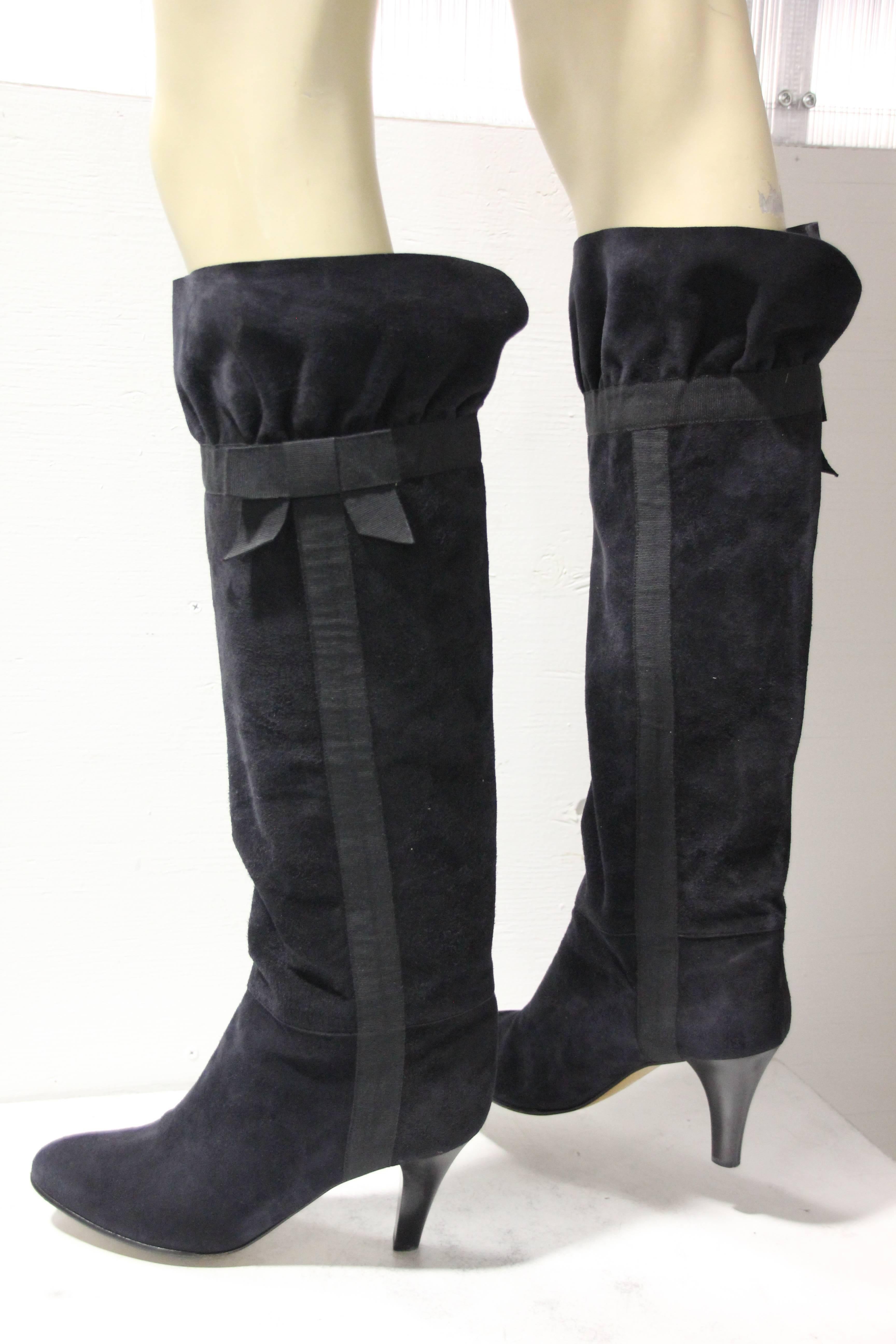 Women's 1970's Yves Saint Laurent Black Suede Boots W/ Bow Ribbon Details