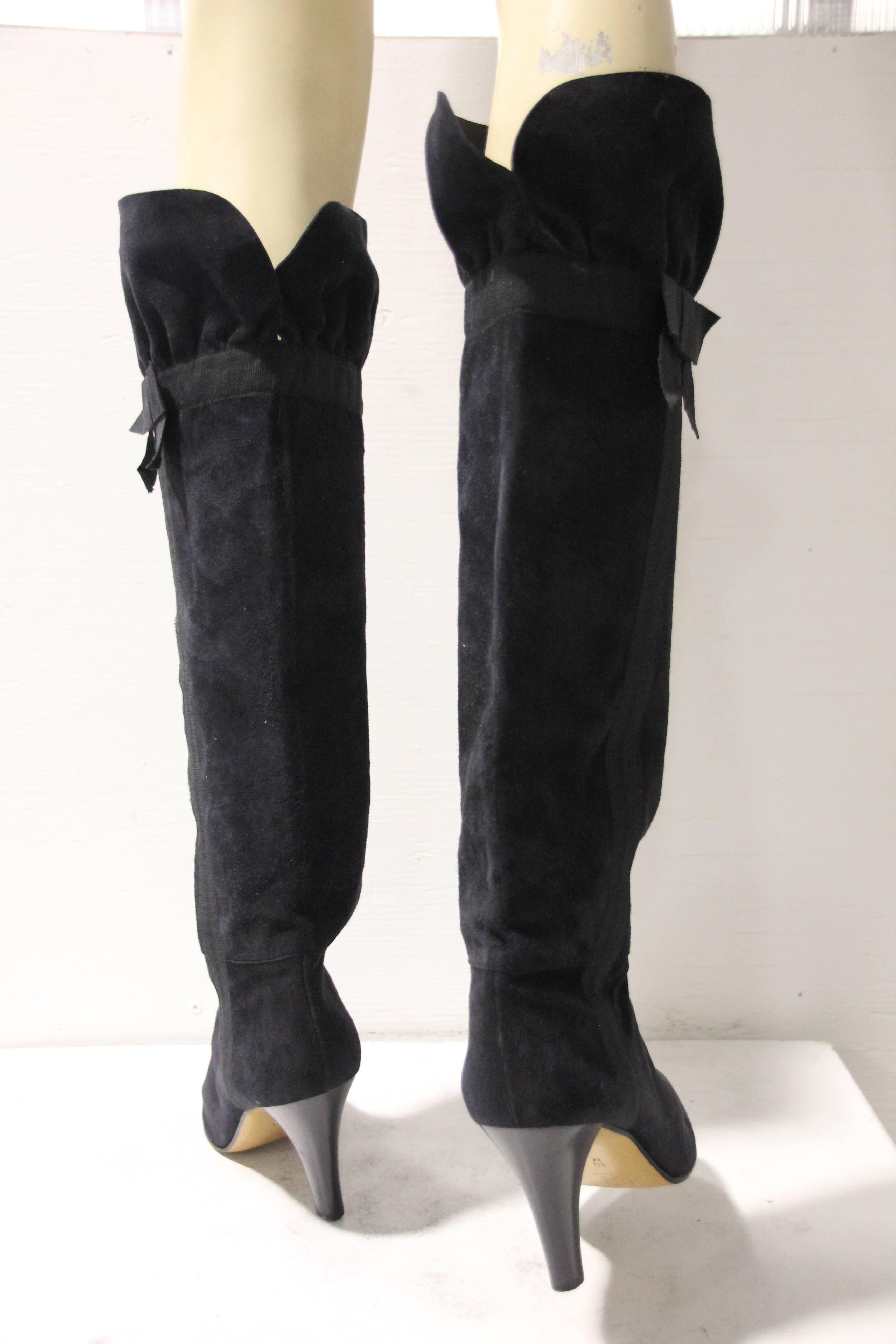 1970's Yves Saint Laurent Black Suede Boots W/ Bow Ribbon Details 1