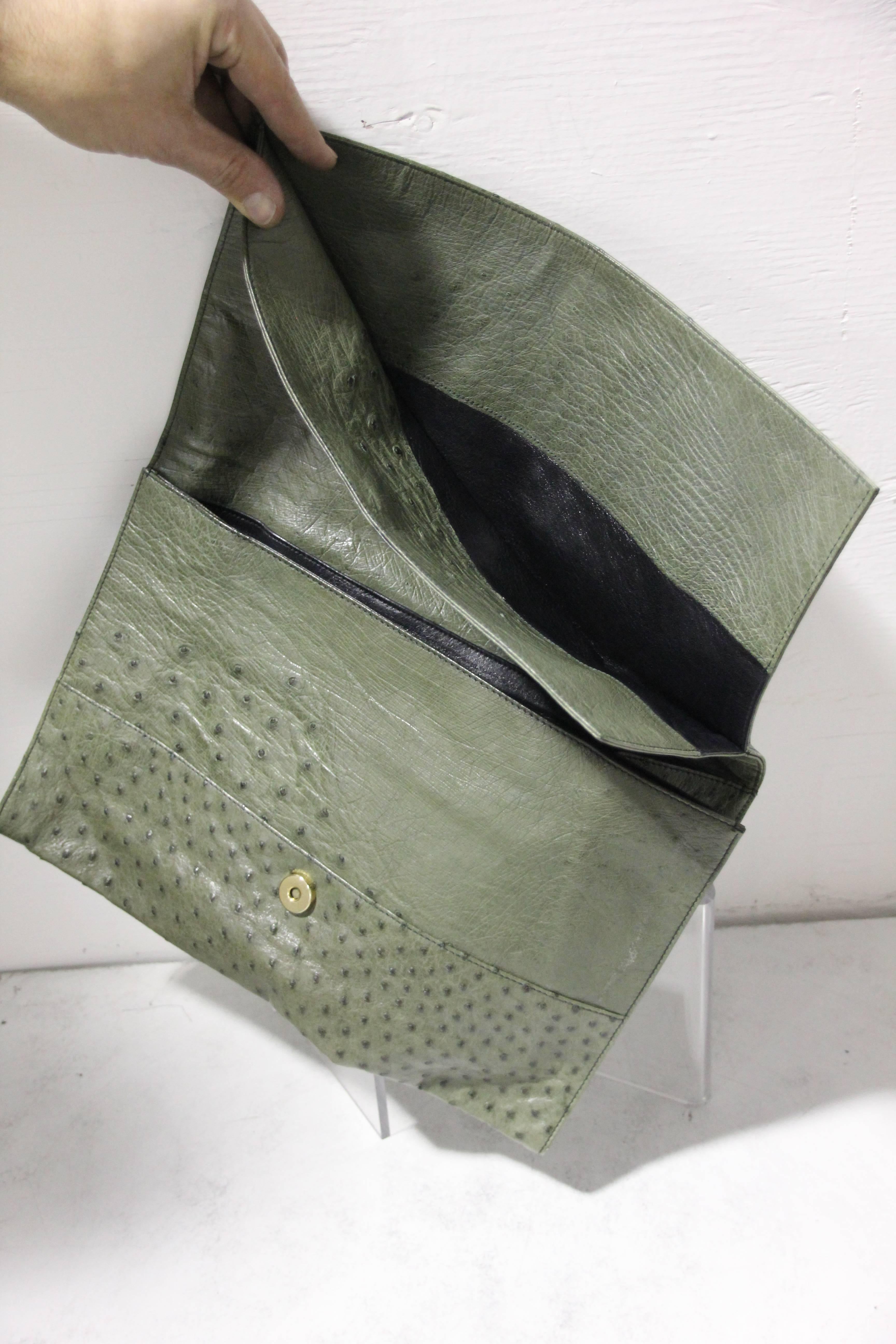 Loewe Moss Green Ostrich Leather Envelope Clutch, 1970s  For Sale 1