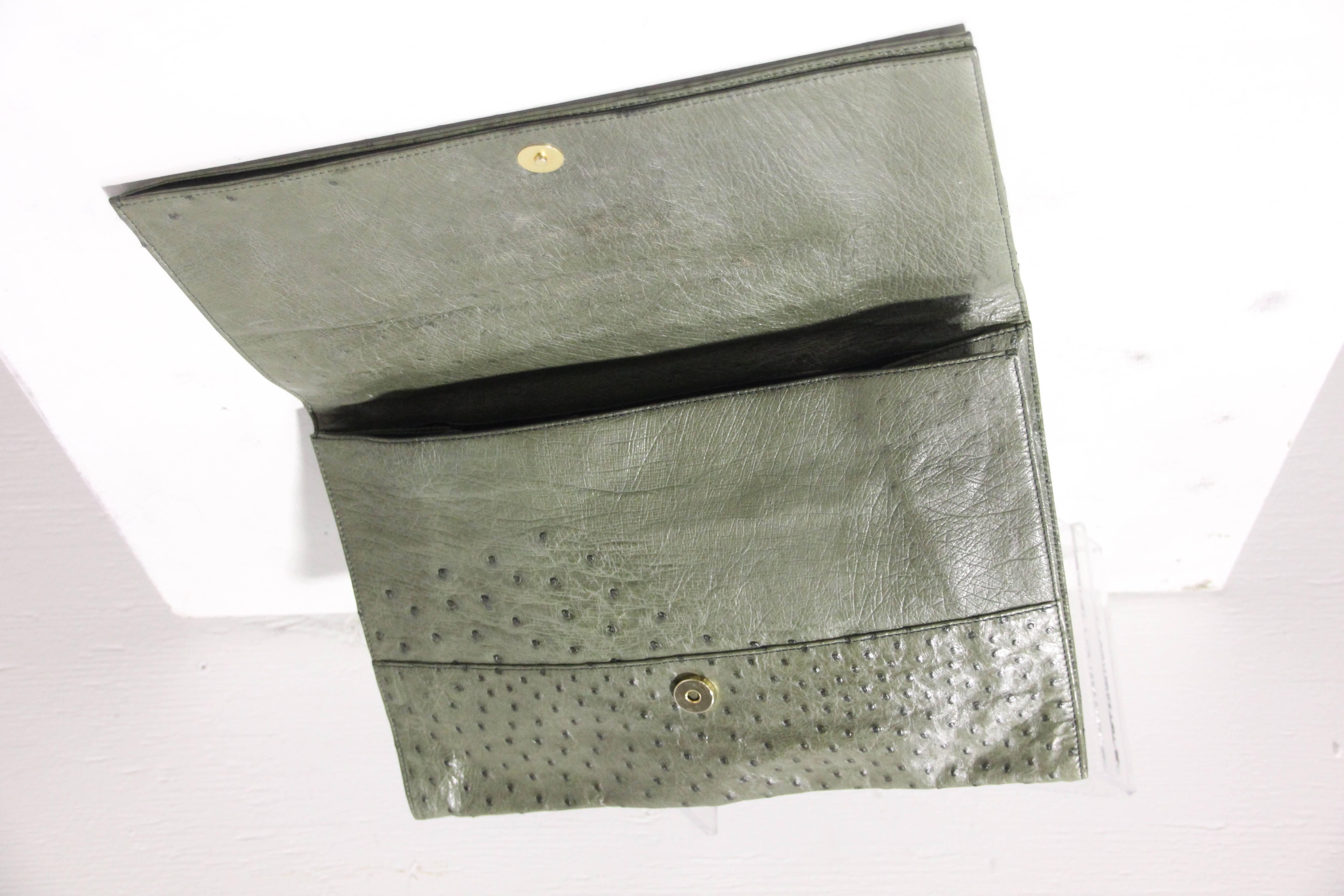 Loewe Moss Green Ostrich Leather Envelope Clutch, 1970s  For Sale 3