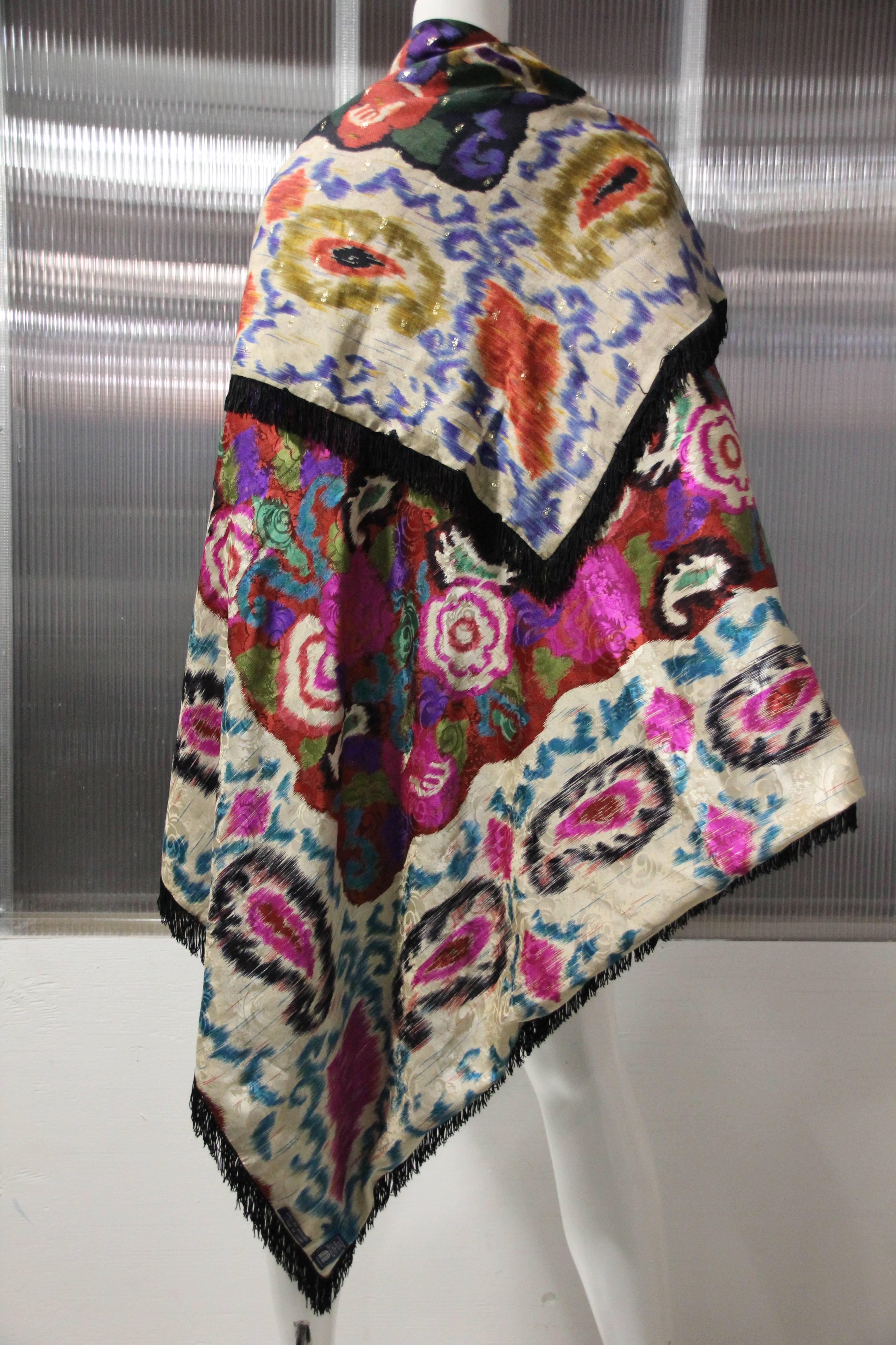 1980s Ungaro Double Silk Print Shawl With Black Fringe Trim & Large Tassels In Excellent Condition In Gresham, OR