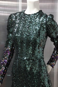 Moss Green Sequin Disco Gown With Colorful Cuffs and Hem, 1970s