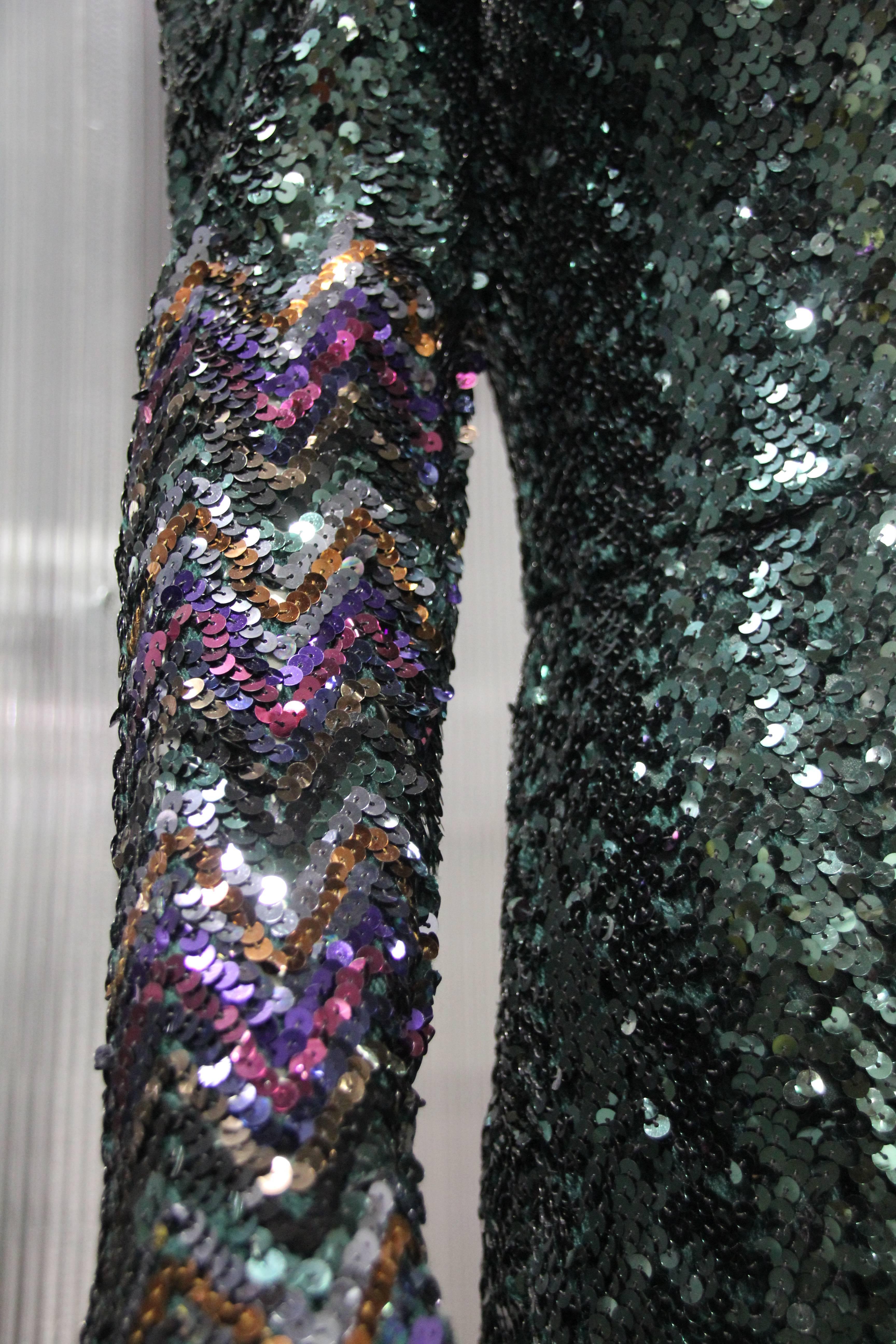 Black Moss Green Sequin Disco Gown With Colorful Cuffs and Hem, 1970s