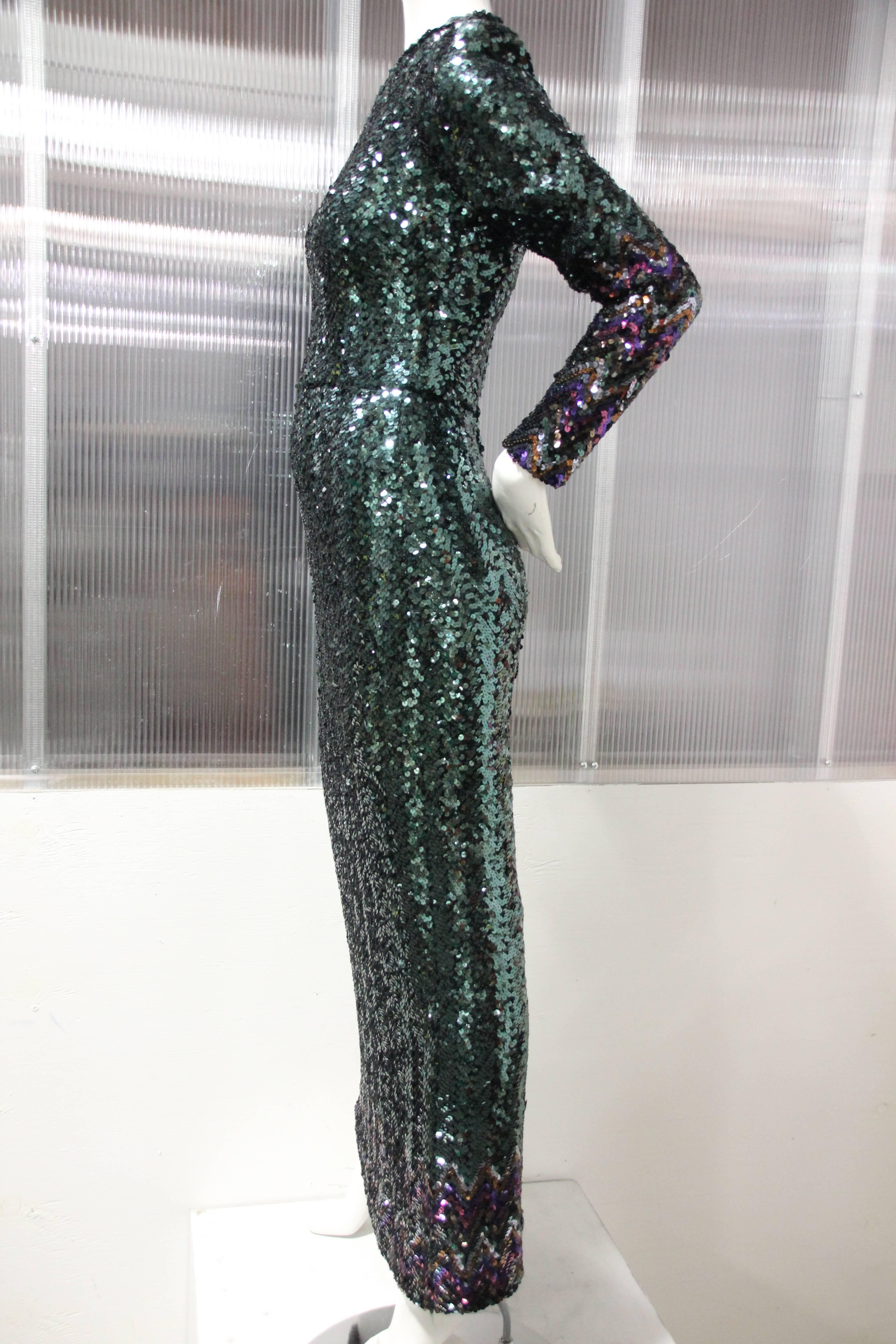 Moss Green Sequin Disco Gown With Colorful Cuffs and Hem, 1970s In Excellent Condition In Gresham, OR