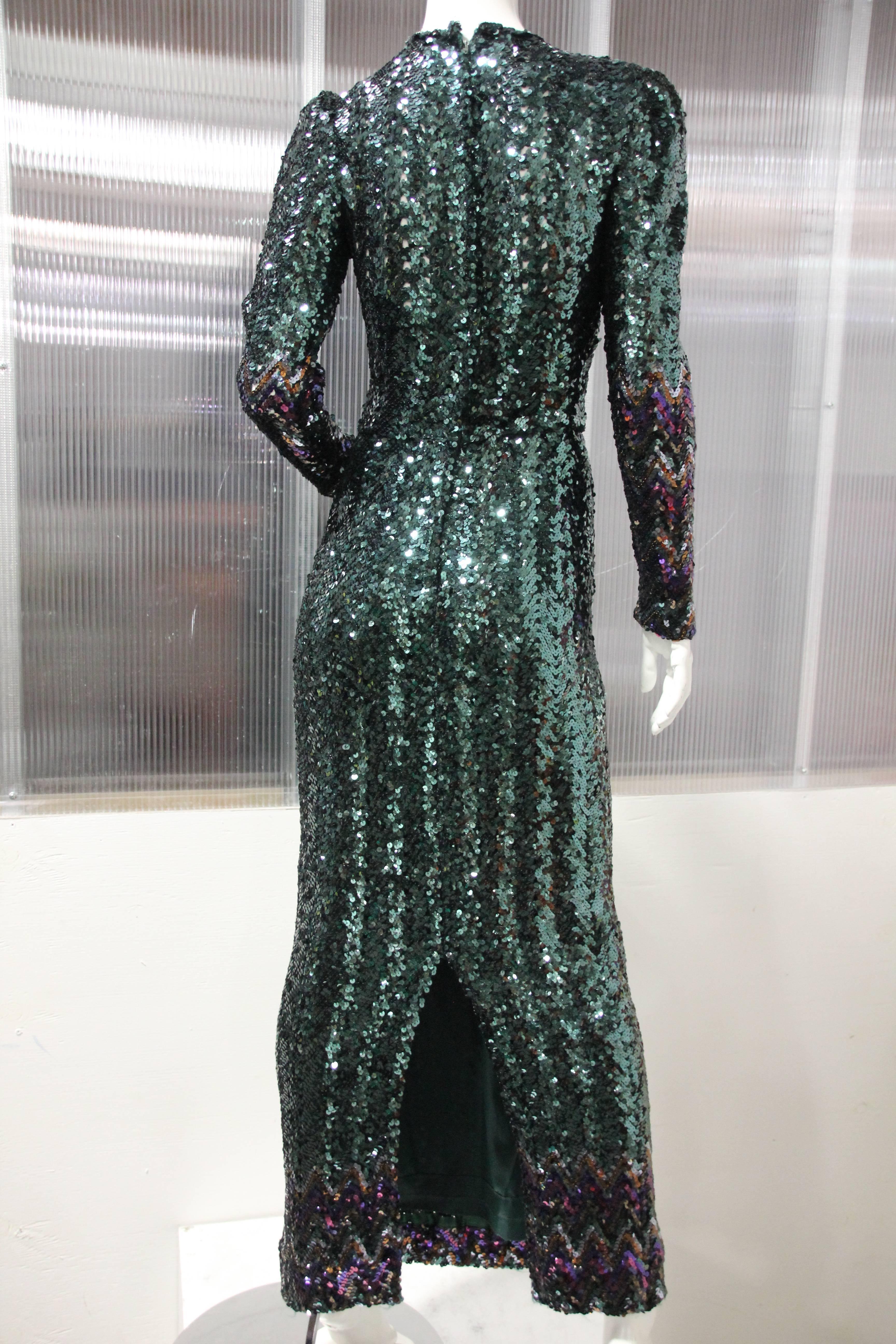 Women's or Men's Moss Green Sequin Disco Gown With Colorful Cuffs and Hem, 1970s