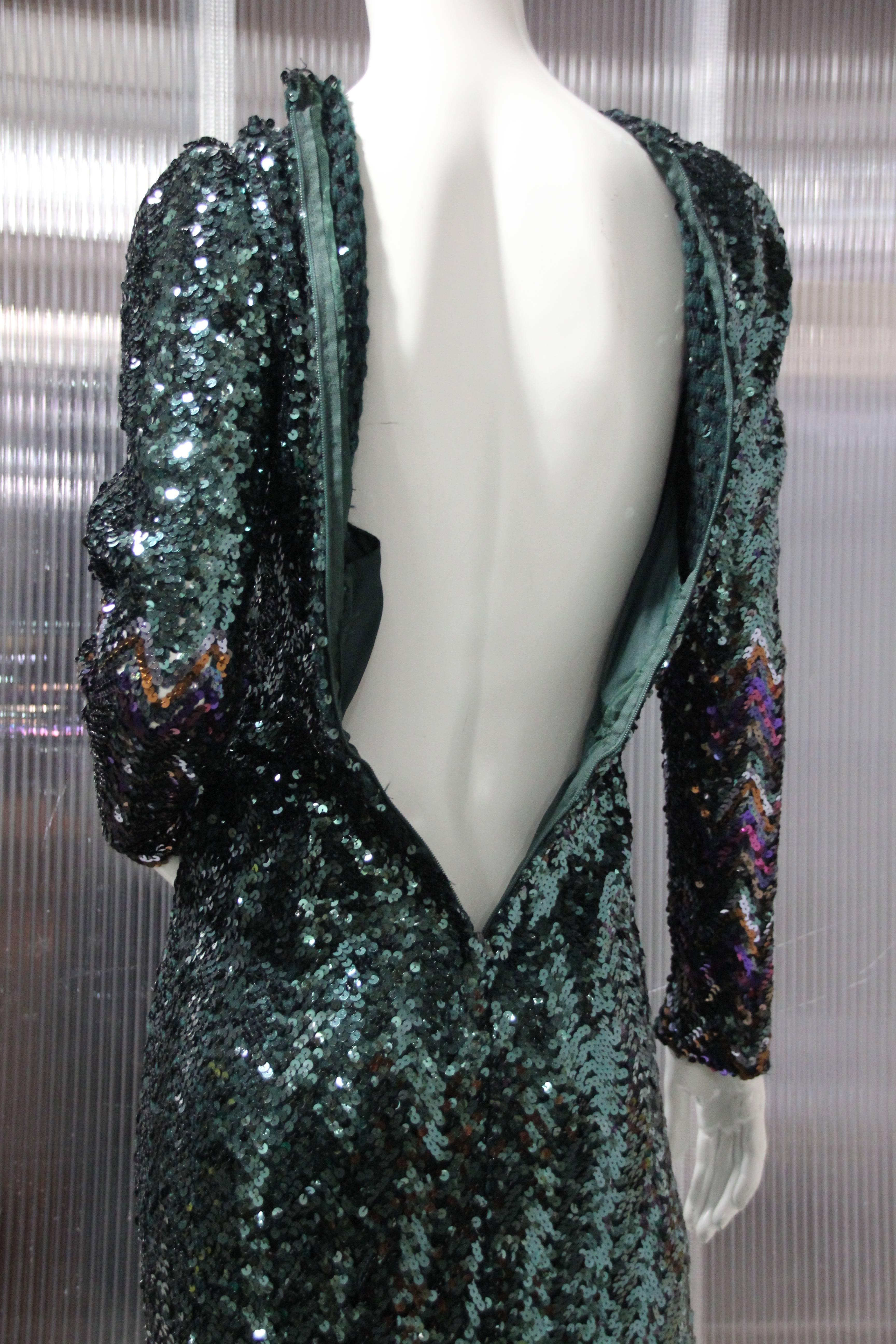 Moss Green Sequin Disco Gown With Colorful Cuffs and Hem, 1970s 1
