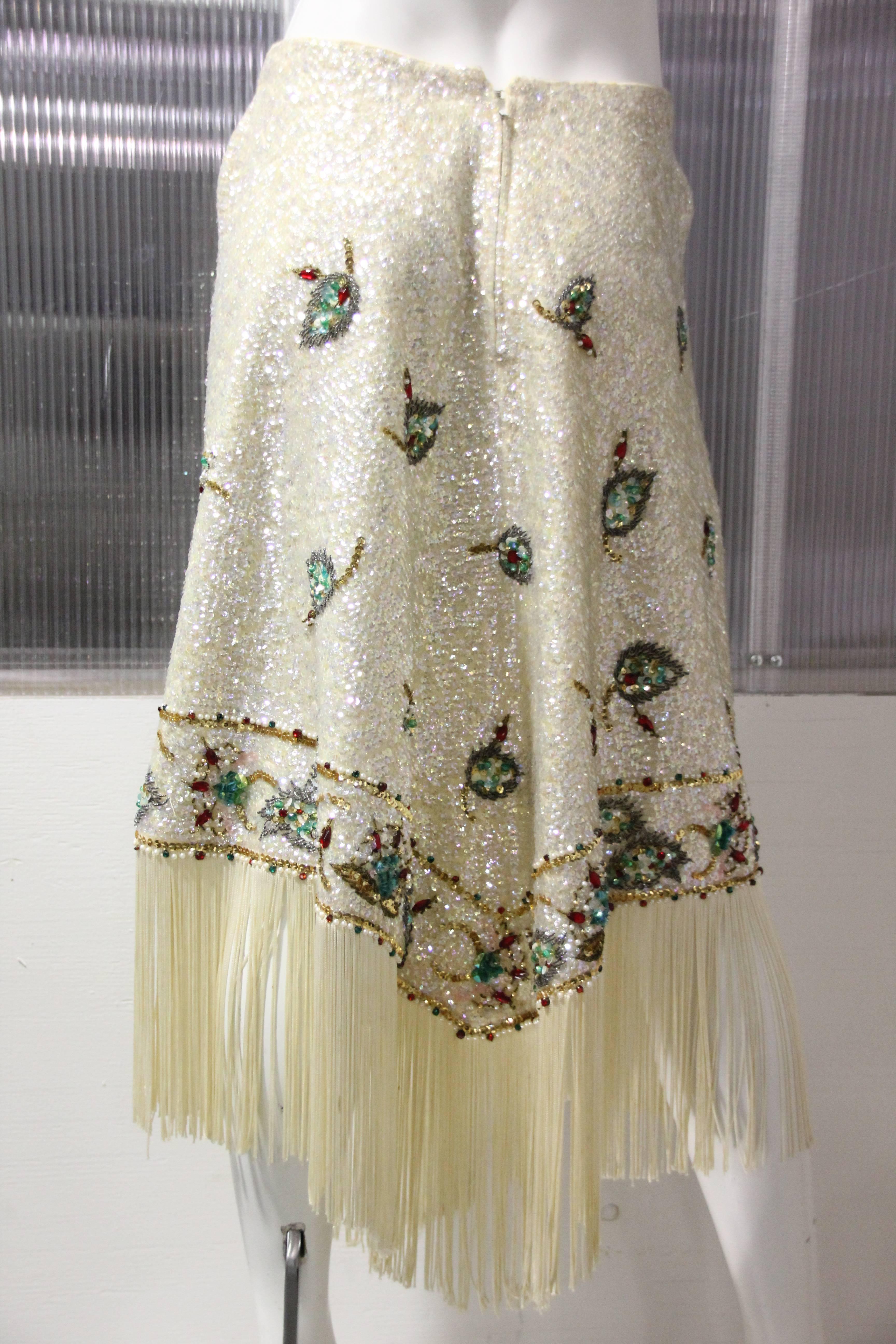 1960s Valentina Ltd. Iridescent Sequin & Beaded Wool Skirt W/ Cream Fringed Hem In Excellent Condition In Gresham, OR