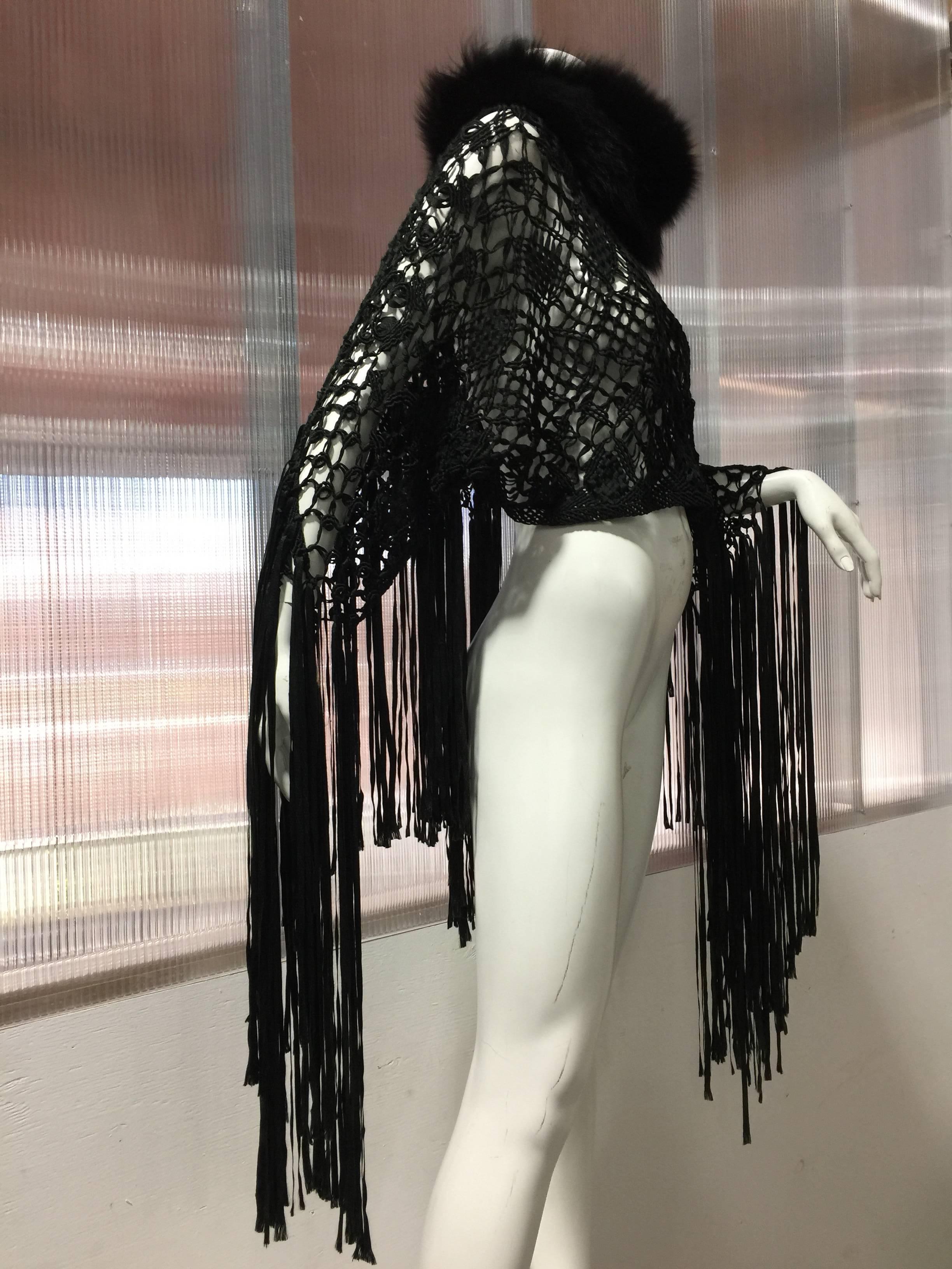1970s Black Silk Ribbon Macrame & Fringe Poncho With Fox Fur Trim  In Excellent Condition In Gresham, OR