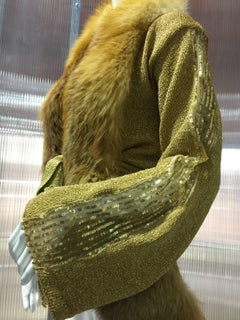 1970s Style Metallic Gold Hand-Knit Cardigan Sweater Trimmed in Red Fox Fur