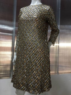 1960s Gold & Bronze Sequin A-Line Net Cocktail Dress
