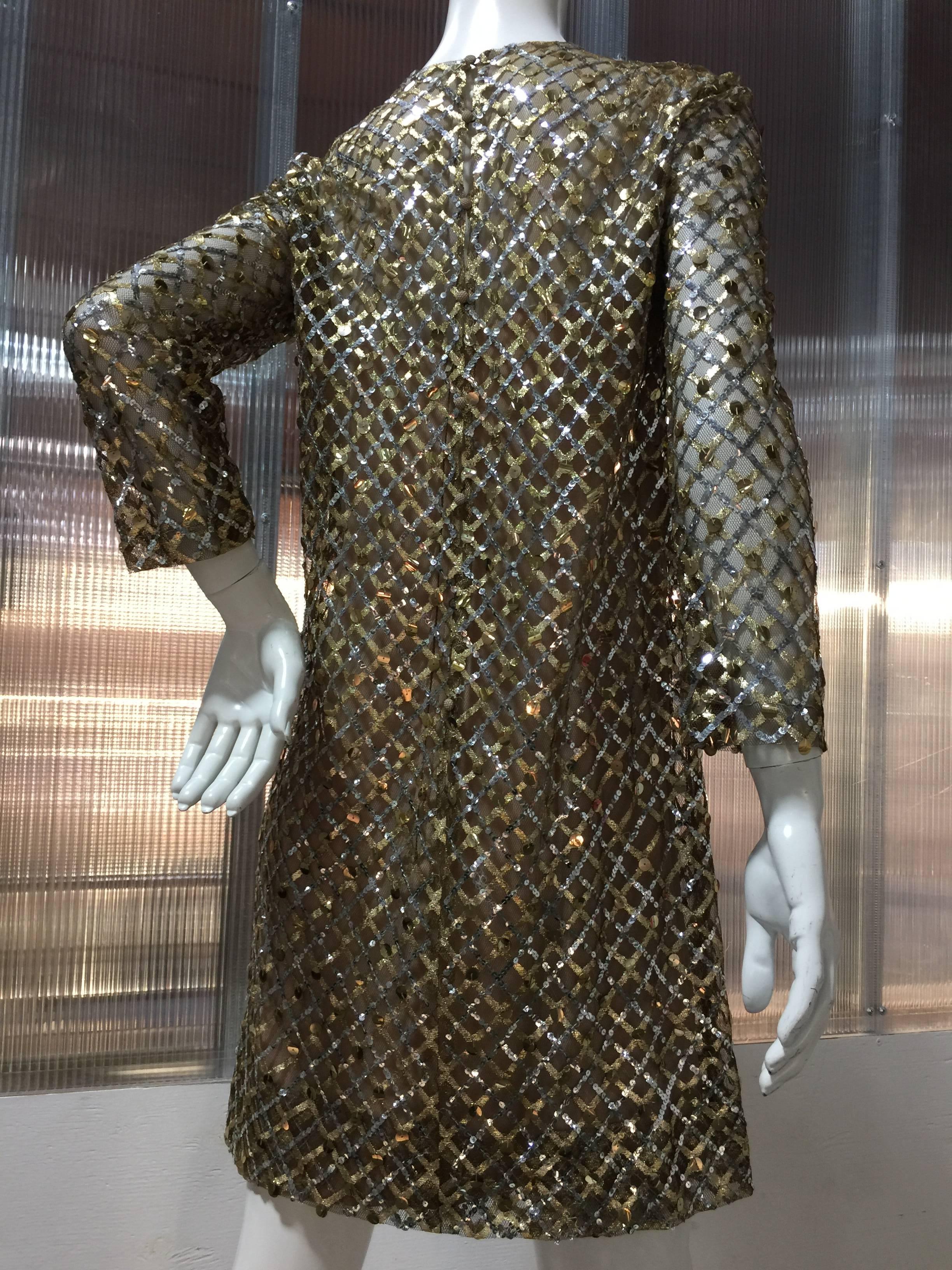 Black 1960s Gold & Bronze Sequin A-Line Net Cocktail Dress