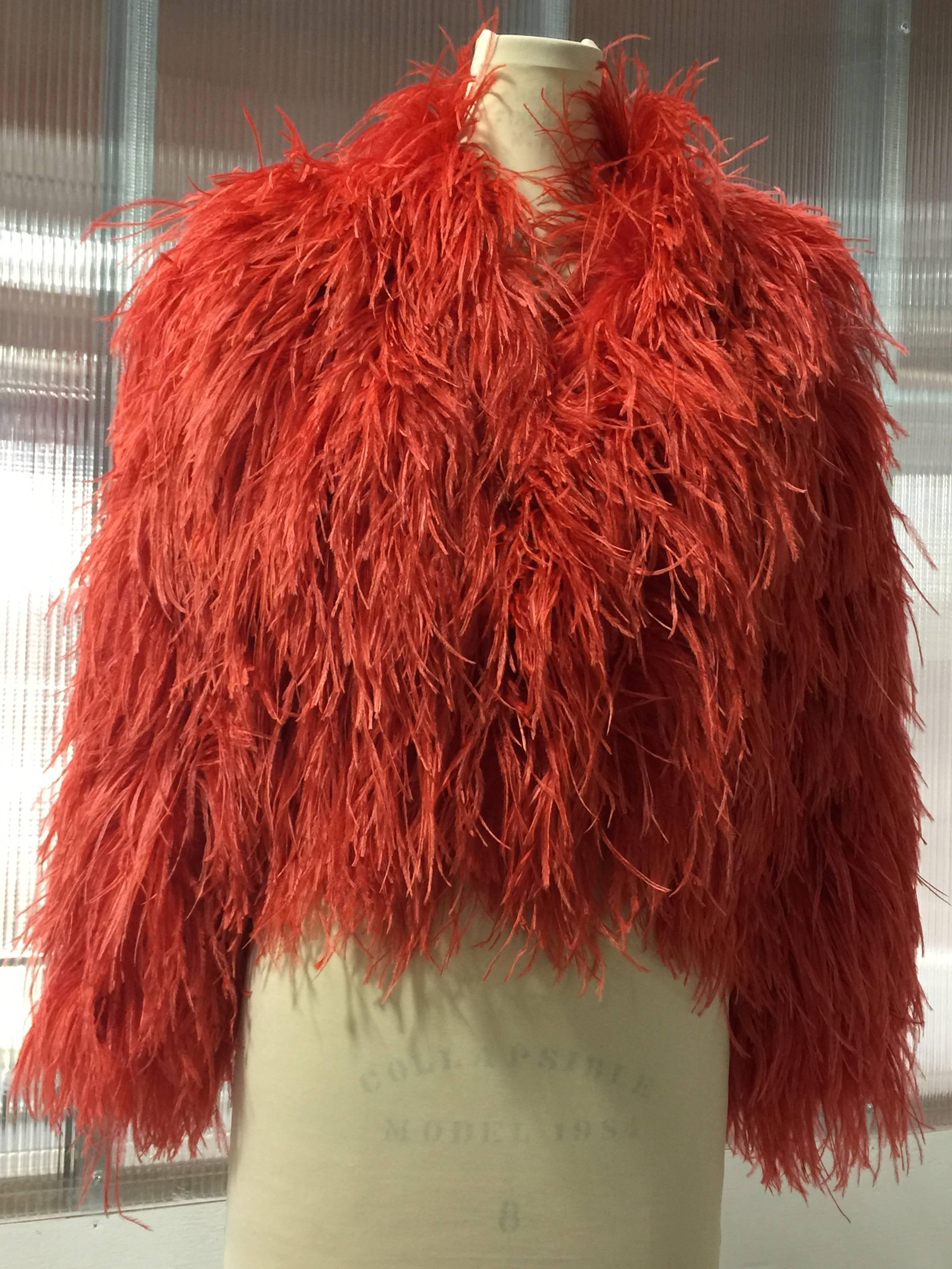 Women's or Men's Adrianne Landau Coral Red Ostrich Feather Chubby, 1980s 