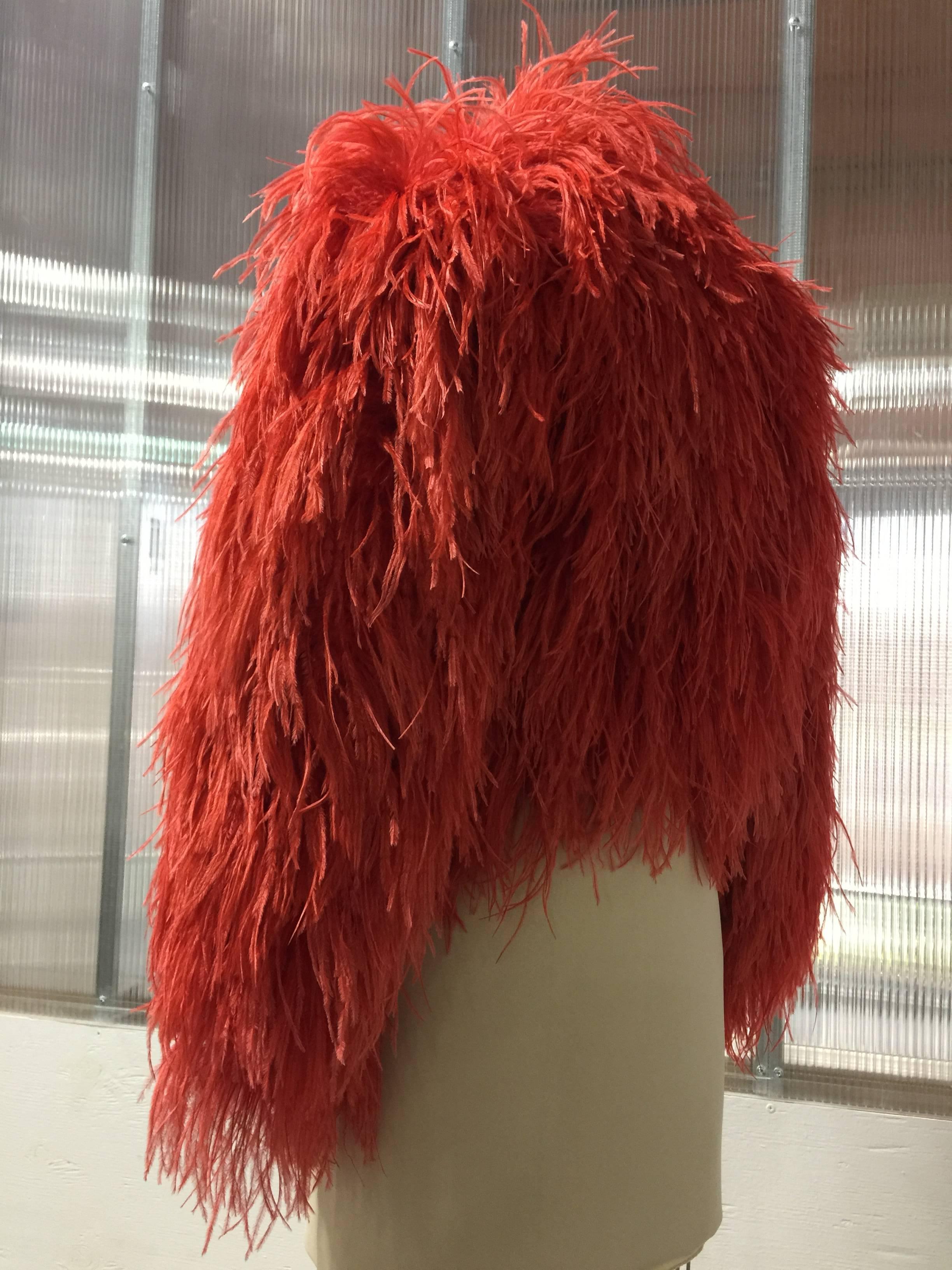 Adrianne Landau Coral Red Ostrich Feather Chubby, 1980s  In Excellent Condition In Gresham, OR