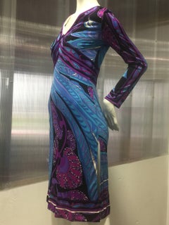 1960s Emilio Pucci Purple Print Silk Jersey Dress W/ Banded Empire Waist and Hem