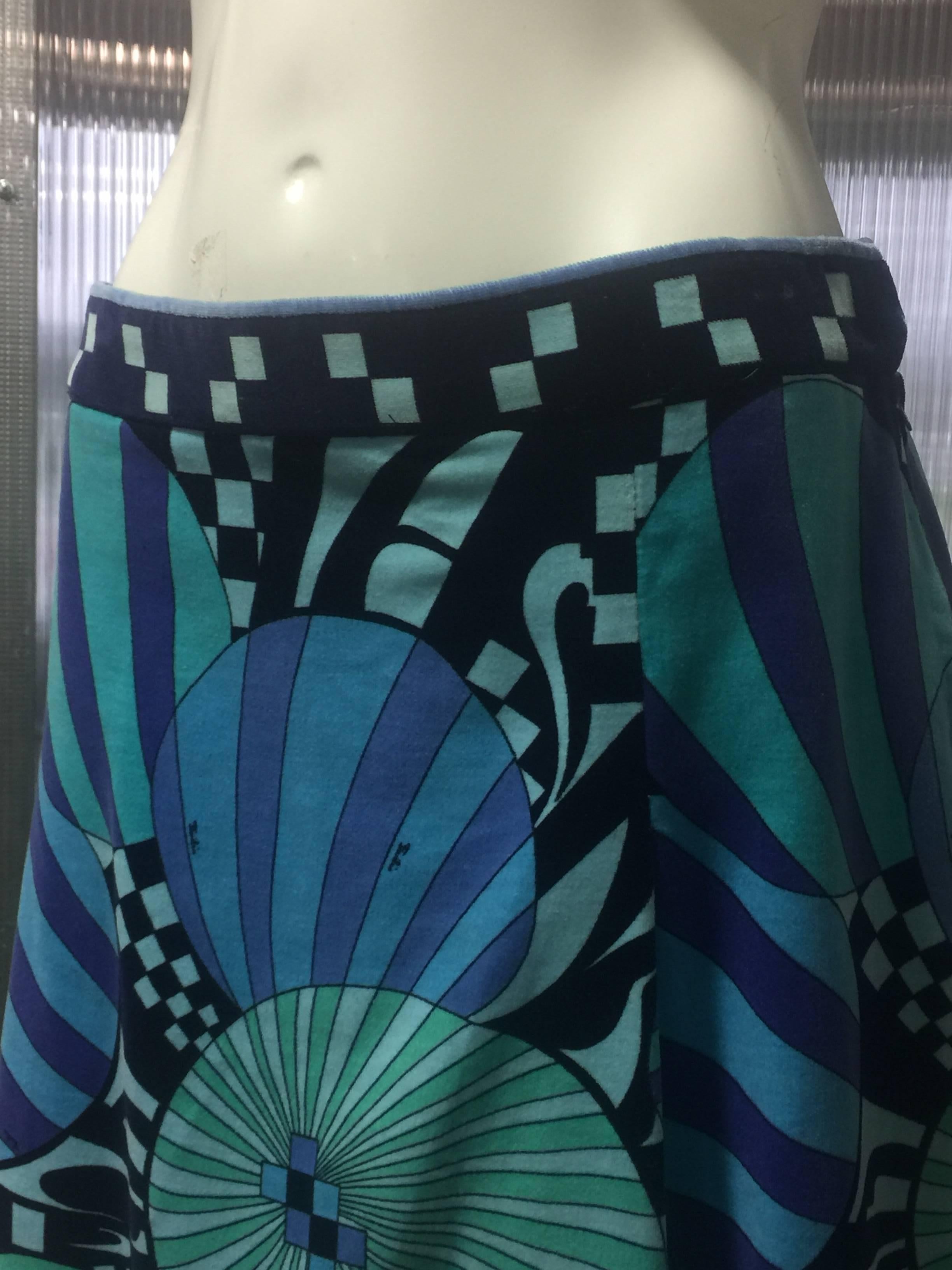 Blue 1960s Emilio Pucci Cotton Velvet Iconic Geometric Print A-Line Skirt 