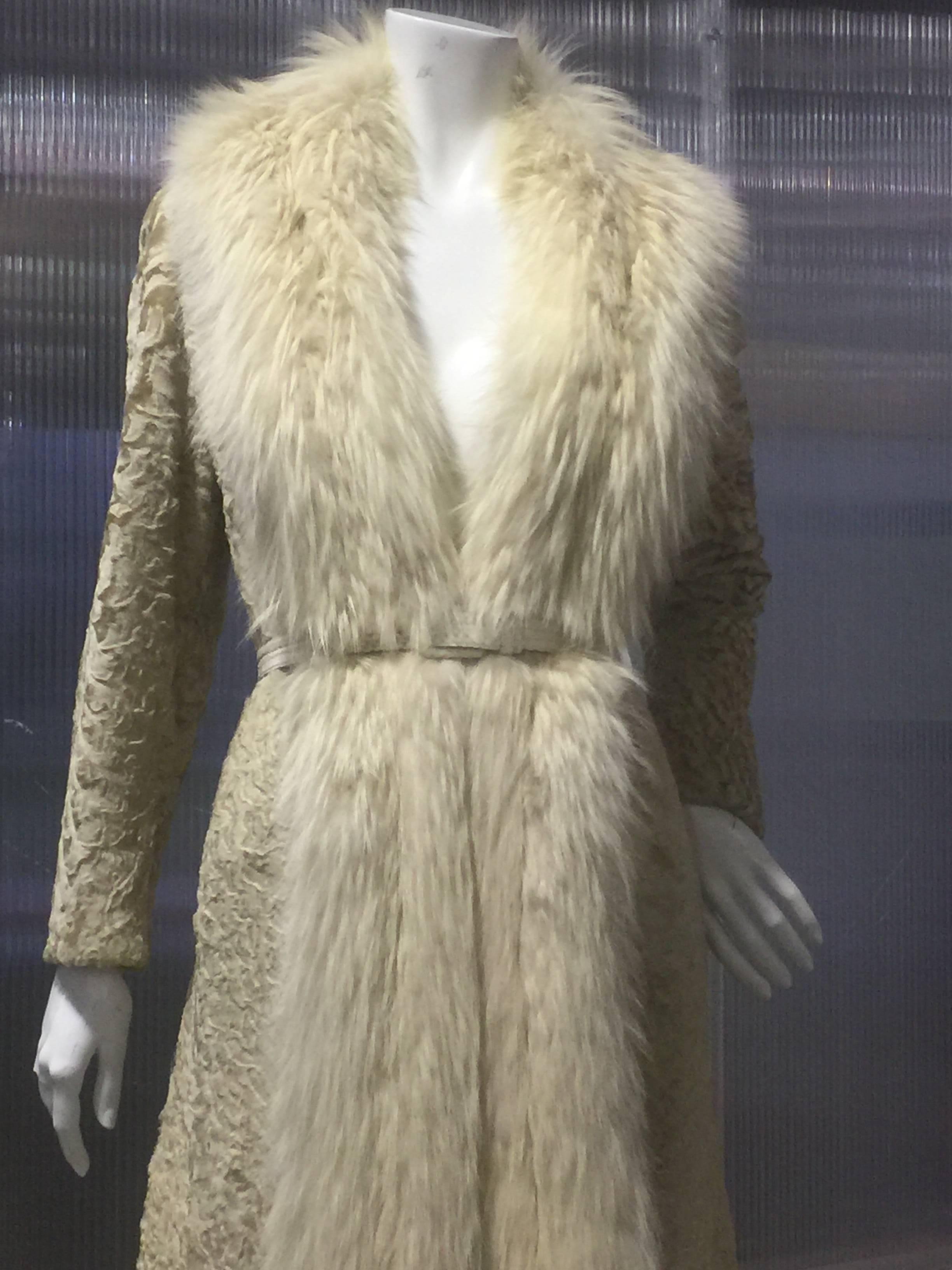 Brown 1970s Blonde Broadtail Fur Coat W/ Lush Fox Collar & Snake Belt