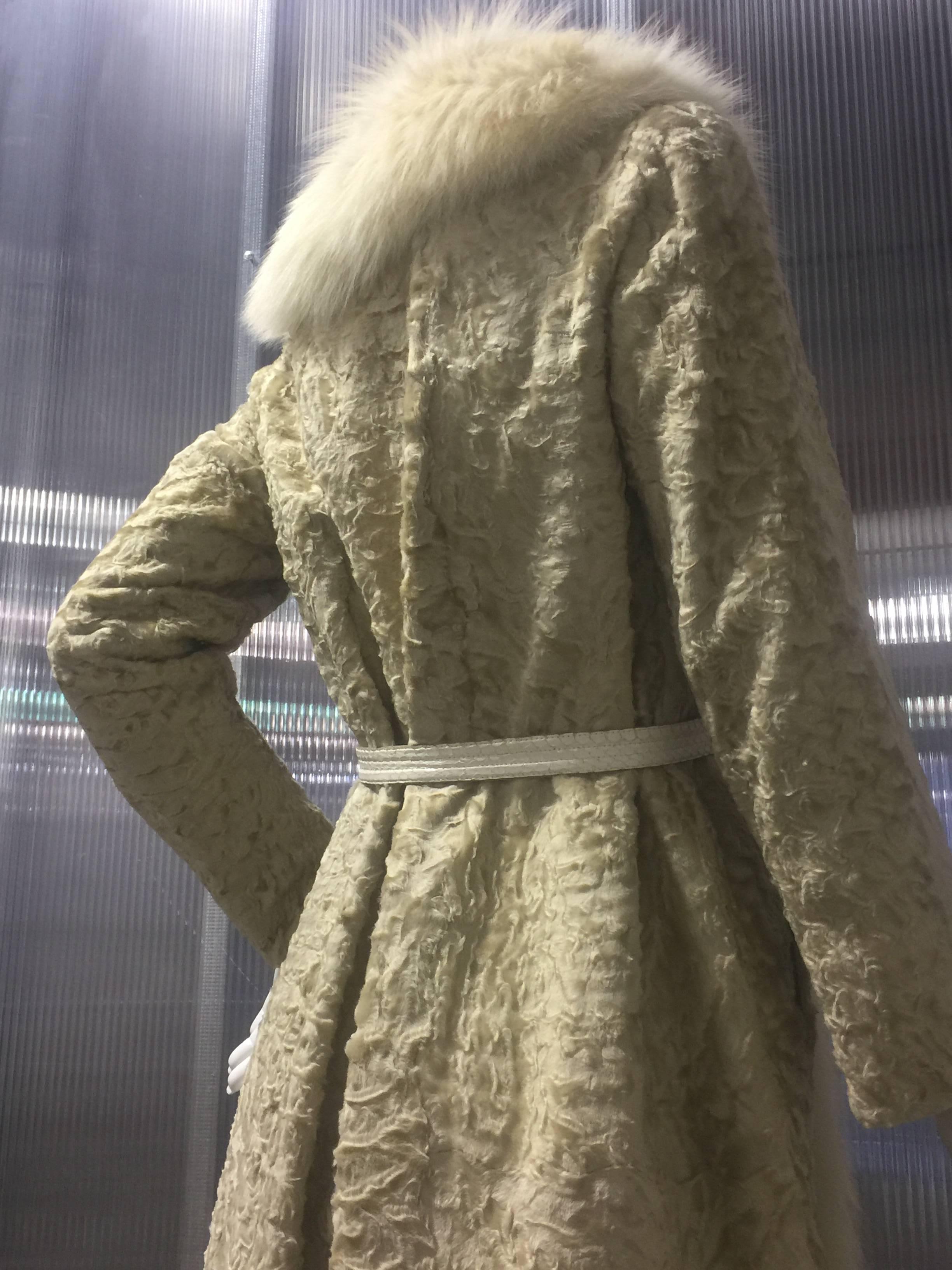 1970s Blonde Broadtail Fur Coat W/ Lush Fox Collar & Snake Belt 2