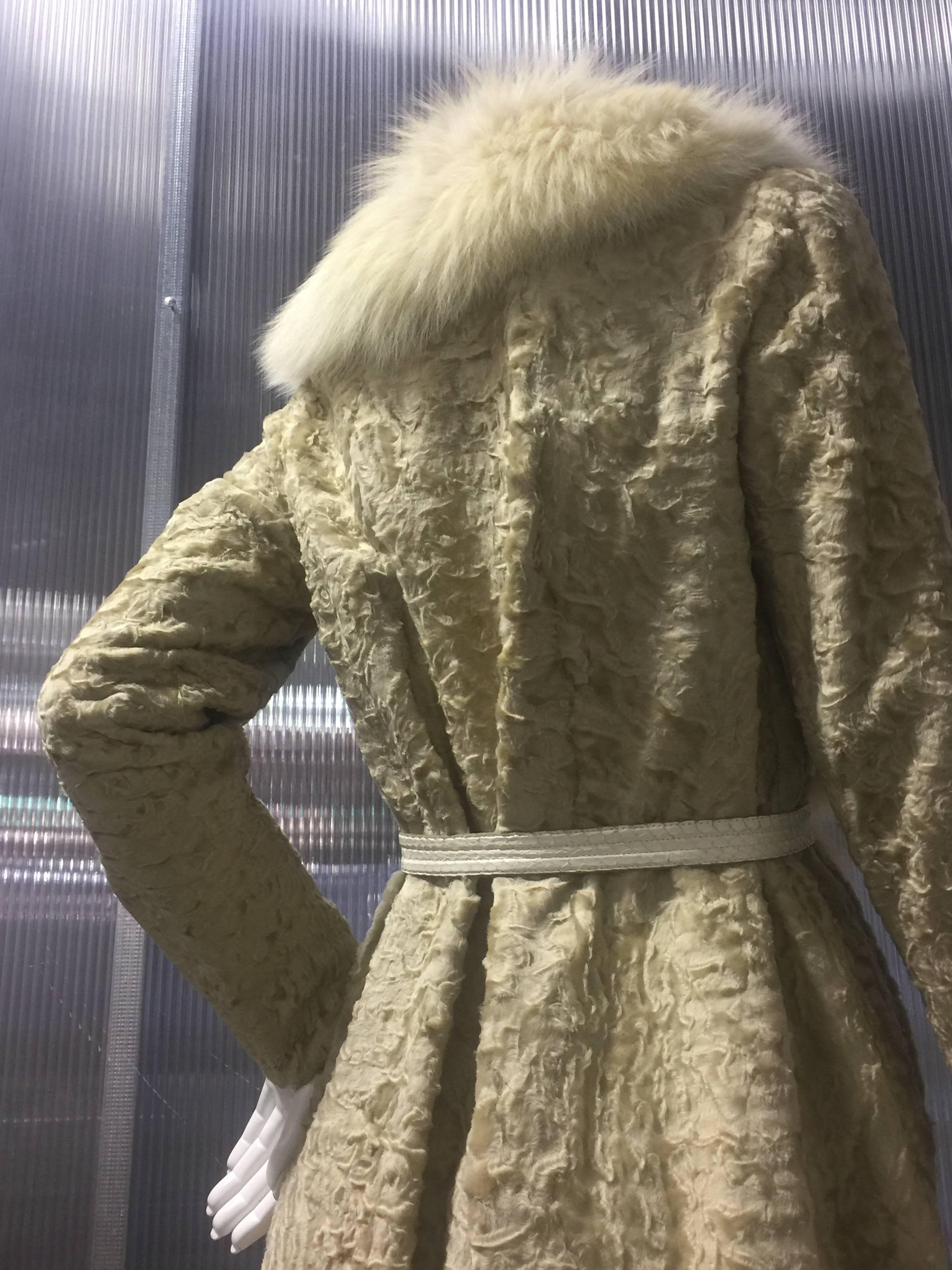1970s Blonde Broadtail Fur Coat W/ Lush Fox Collar & Snake Belt 3