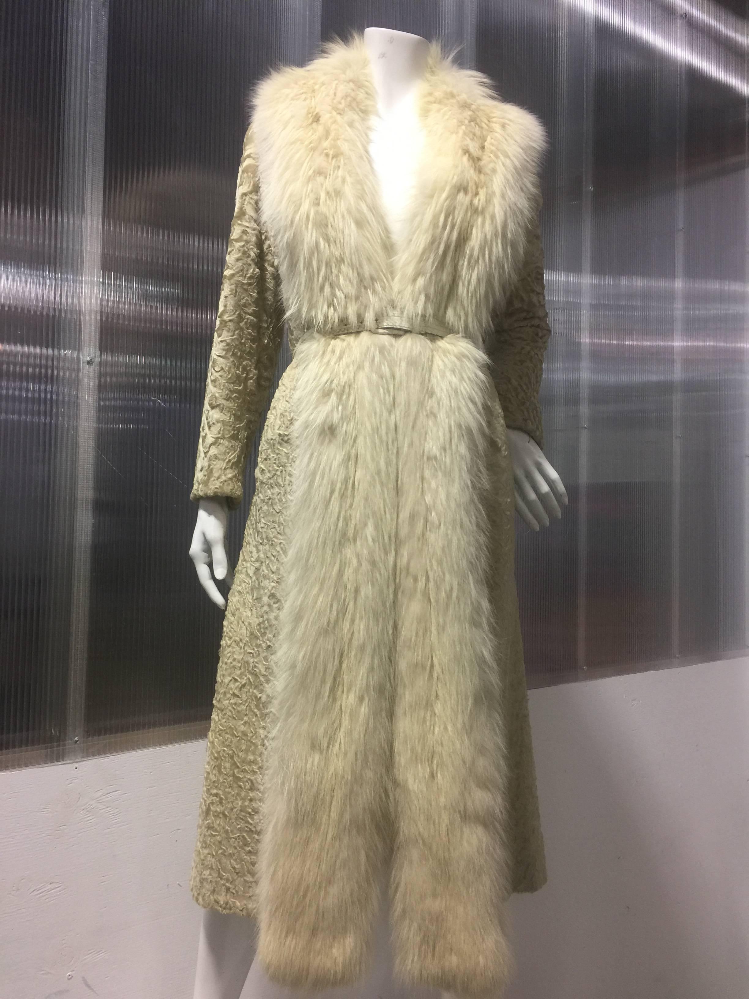 1970s Blonde Broadtail Fur Coat W/ Lush Fox Collar & Snake Belt 4
