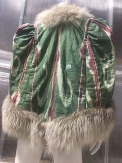1930s Style Jade & Rose Colored Silk Ikat Pattern Capelet & Natural Fox Fur Trim