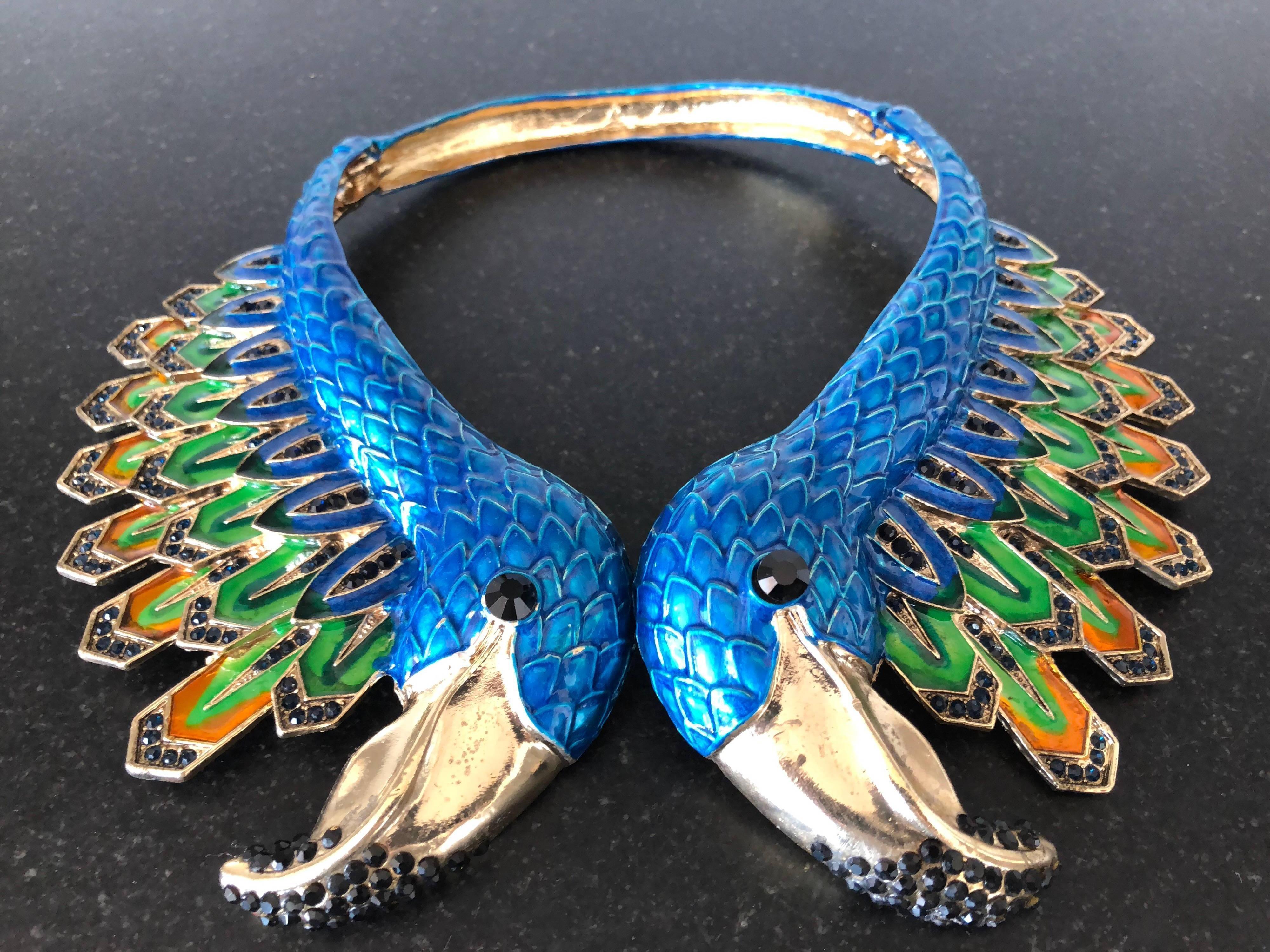 1980s Azure Blue & Gold Deco Enameled Exotic Bird Collar Necklace 2
